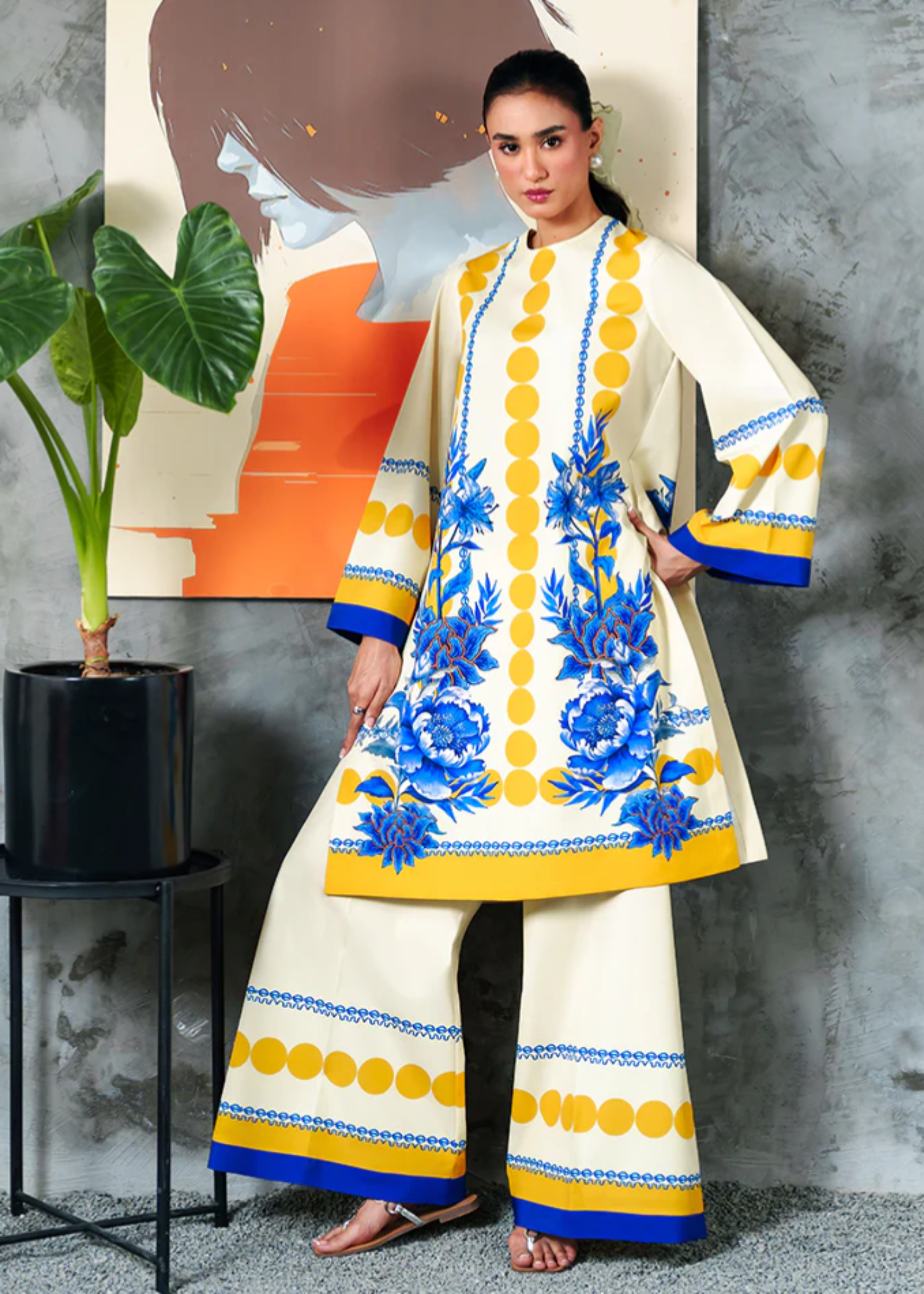 crepe Co Ord Sets in Cream, blue, mellow yellow