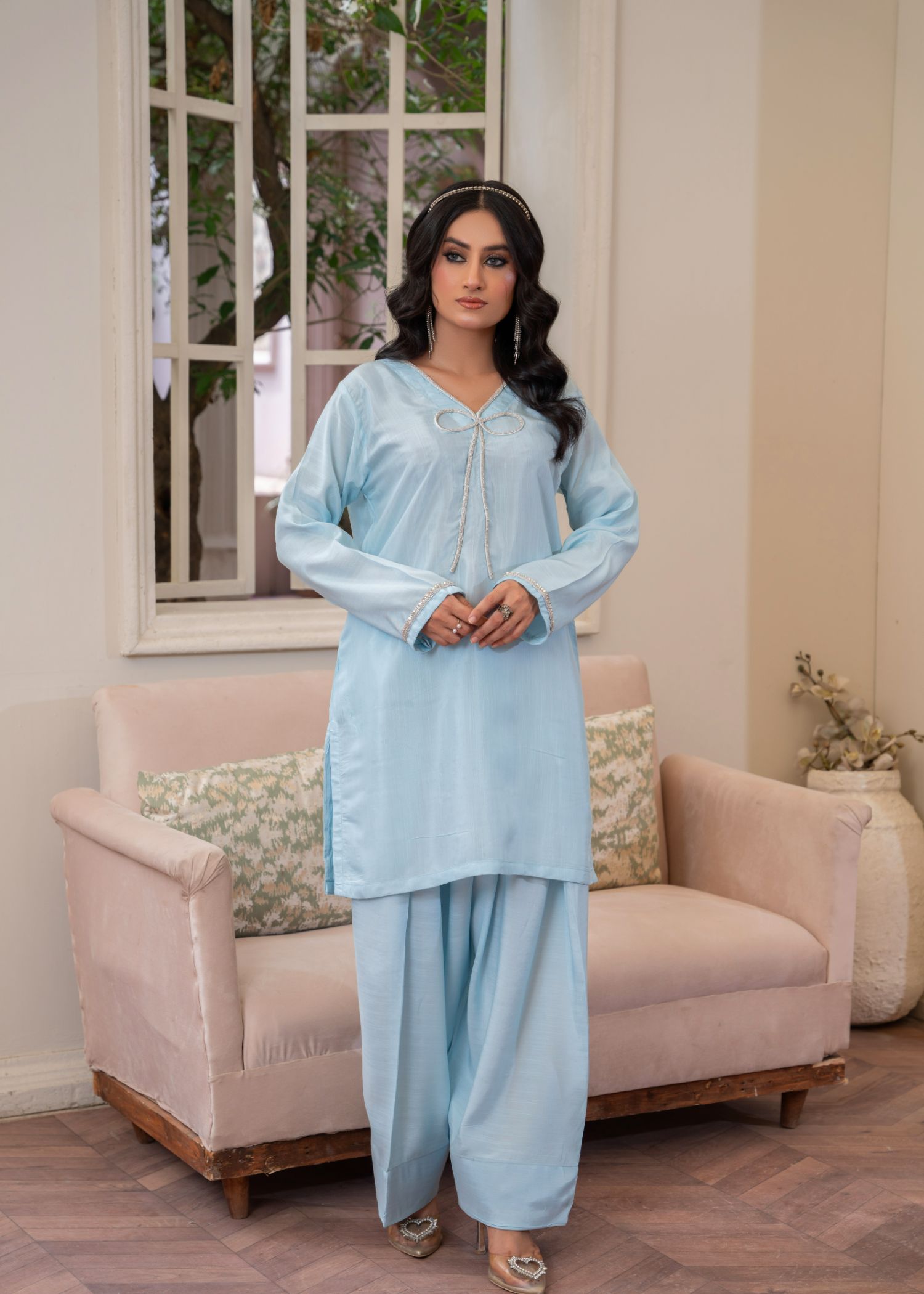 viscose thai silk Kurta Set in Ice blue