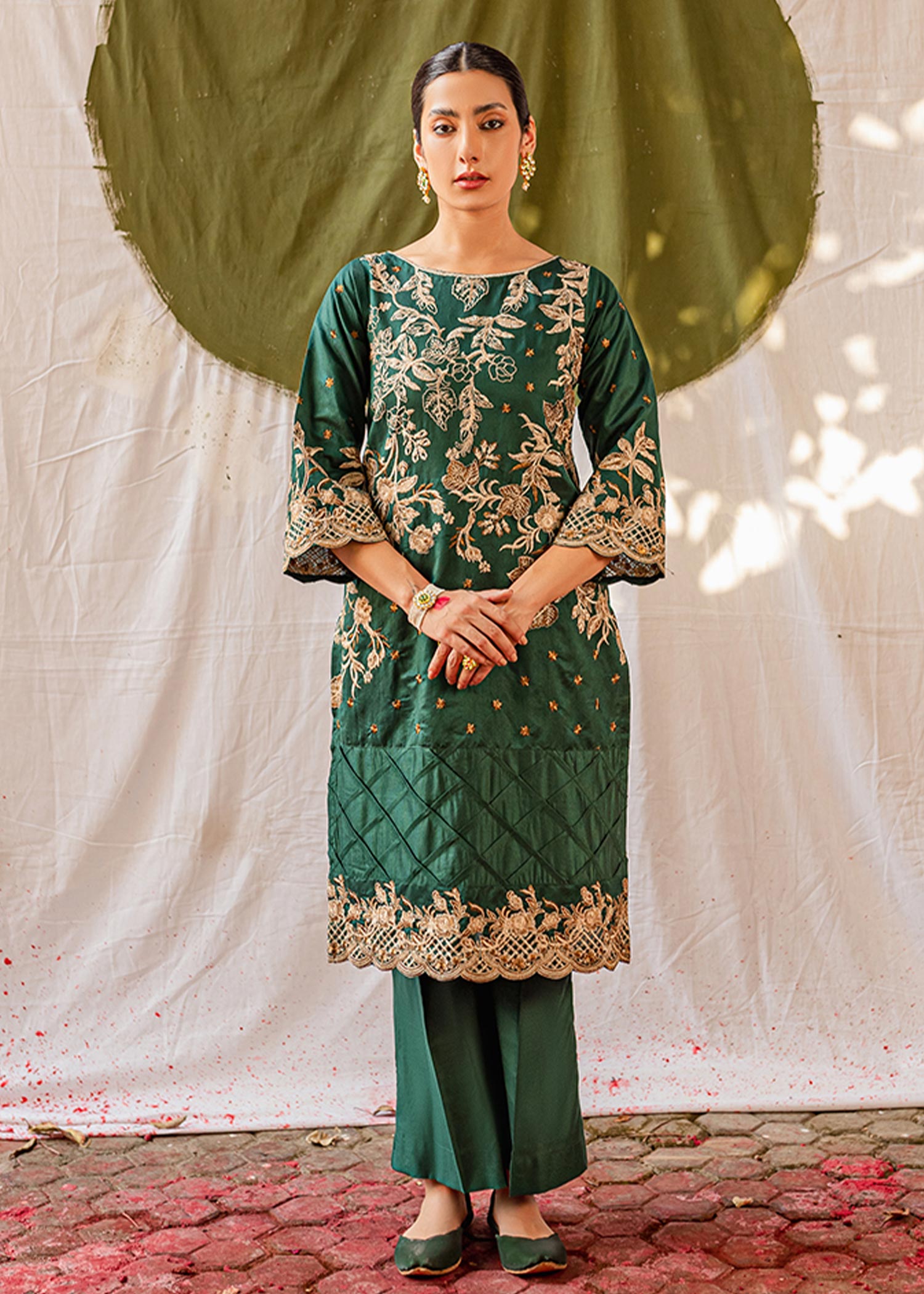chambray Kurta Set in Green