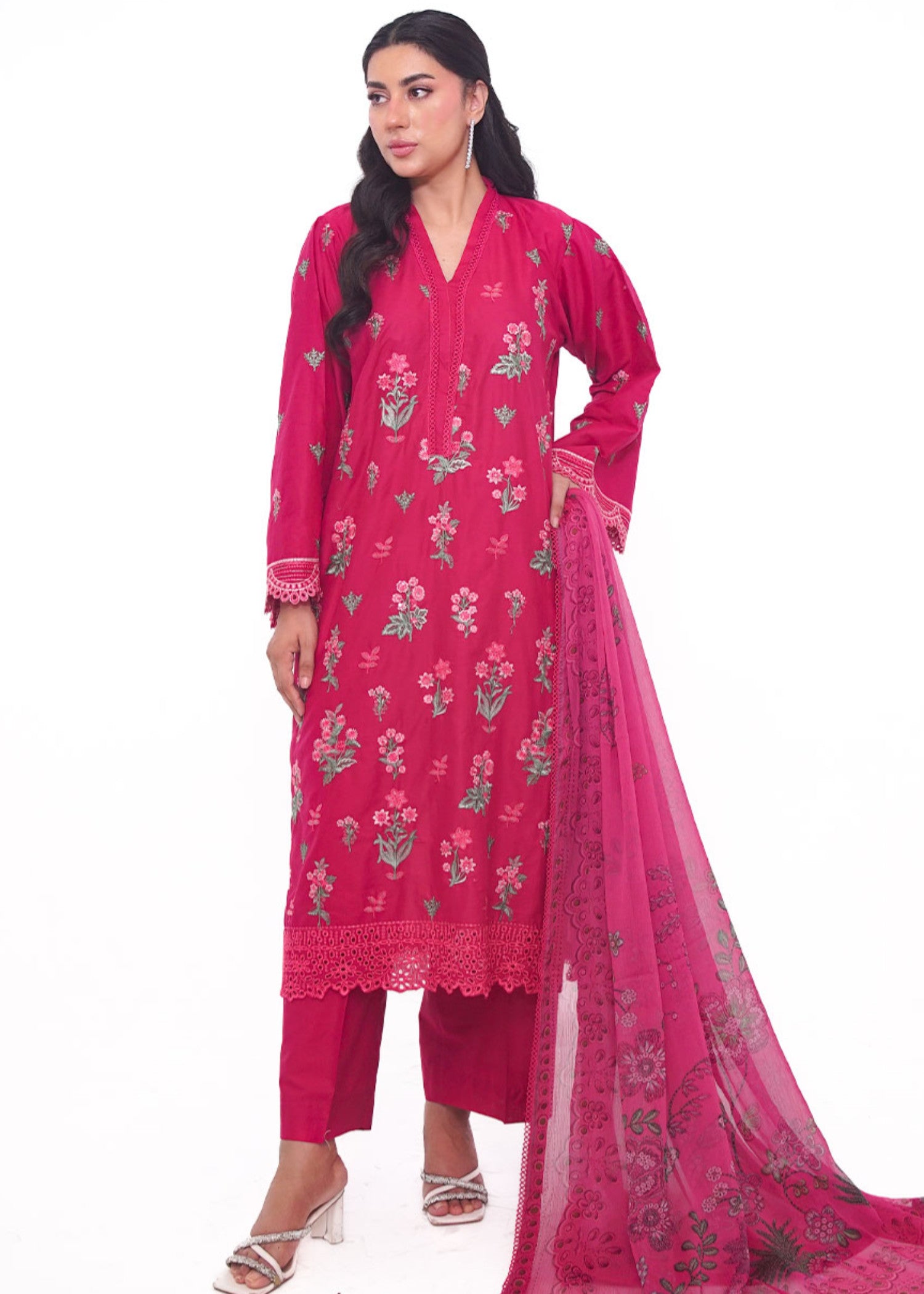 lawn Kurta Set in Hot pink