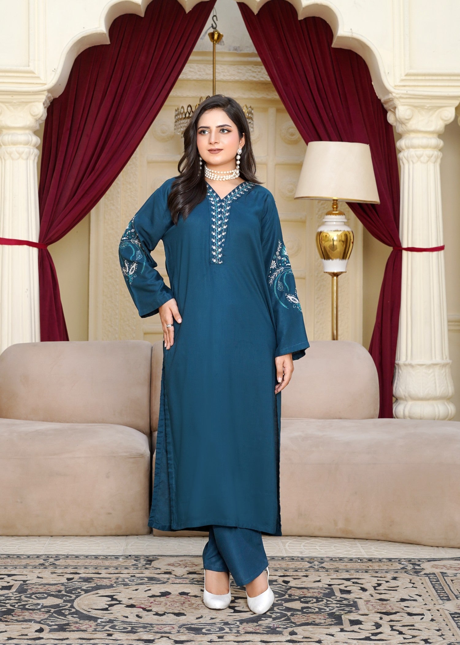arabic lawn Kurta Set in Teal