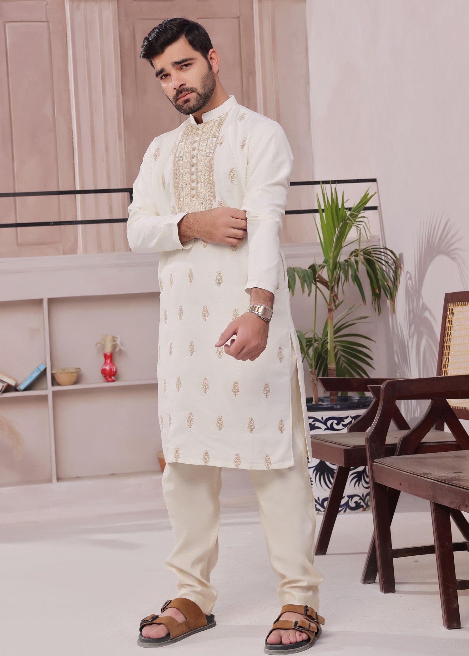 raw silk Kurta Set in Beige by The Great Masters (TGM)