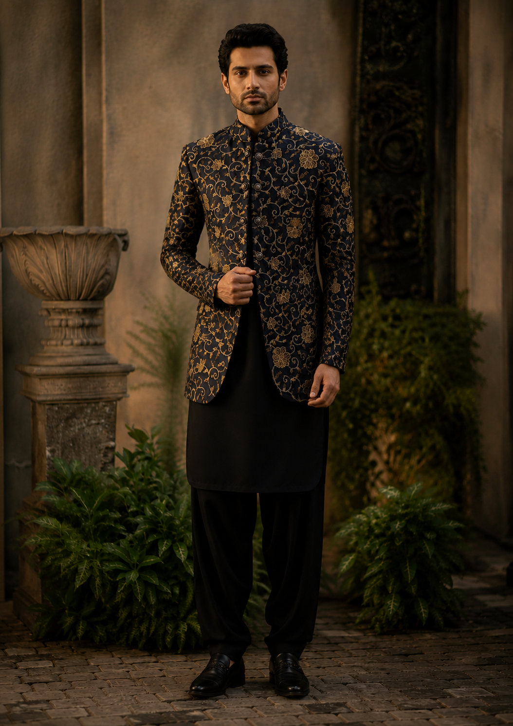 raw silk Prince Coat in Navy blue