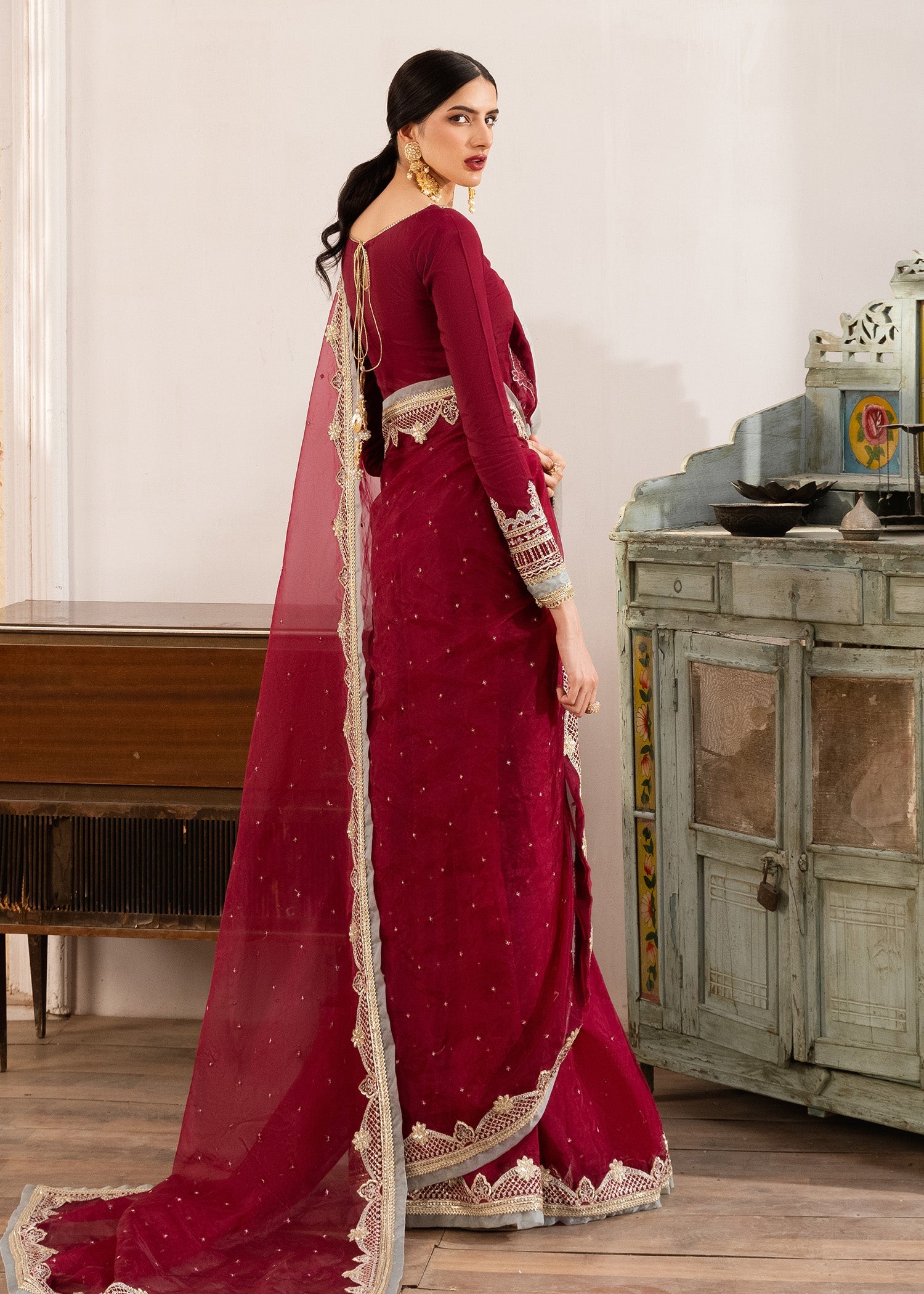 organza Saree in Maroon