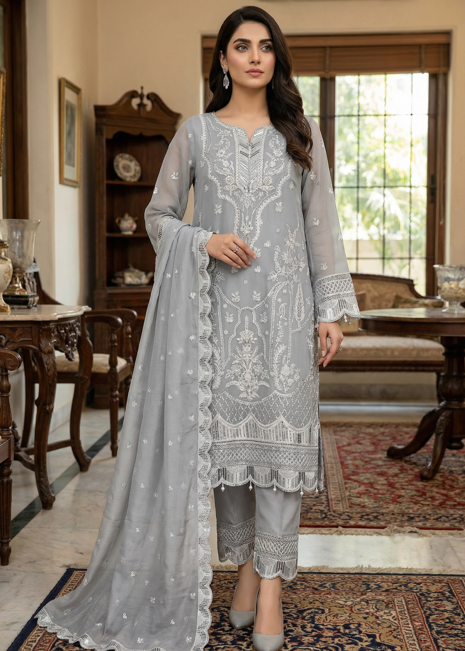 chiffon Kurta Set in Pastel grey