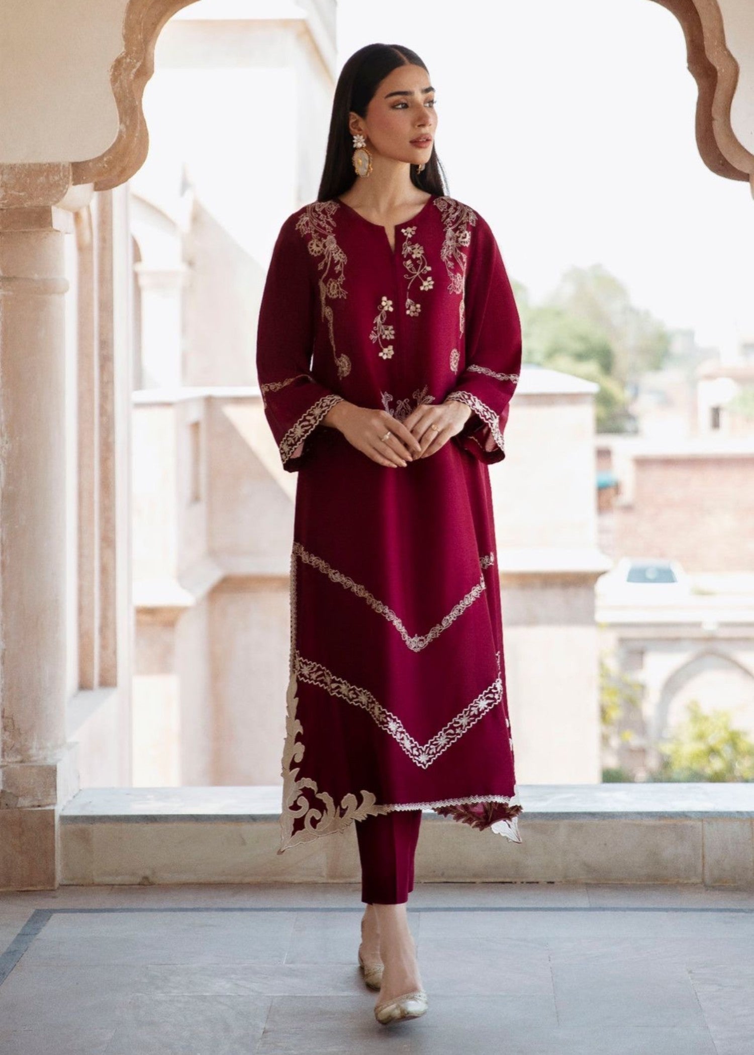 lawn Kurta Set in Burgundy