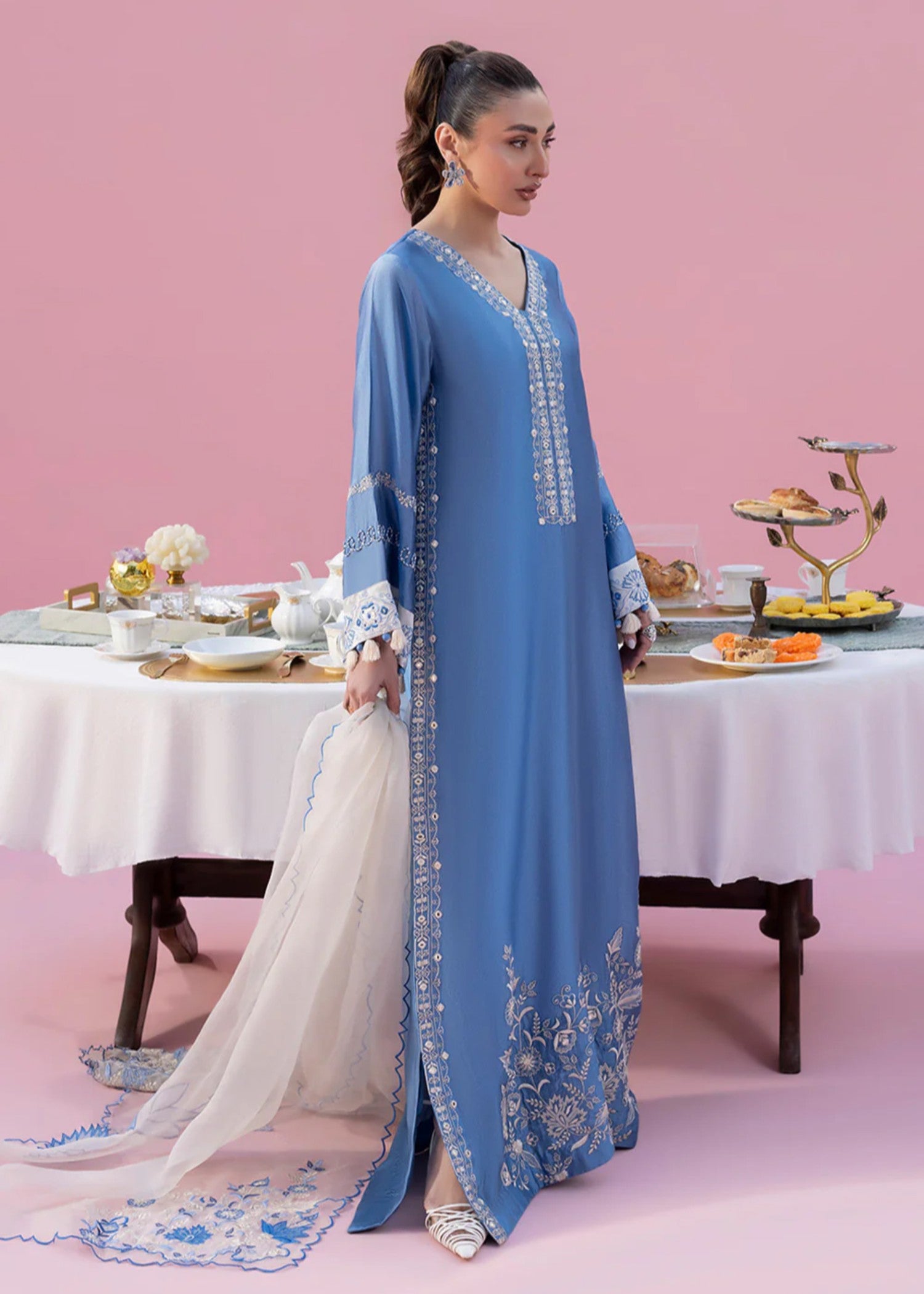 cotton silk Kaftan in Sky blue