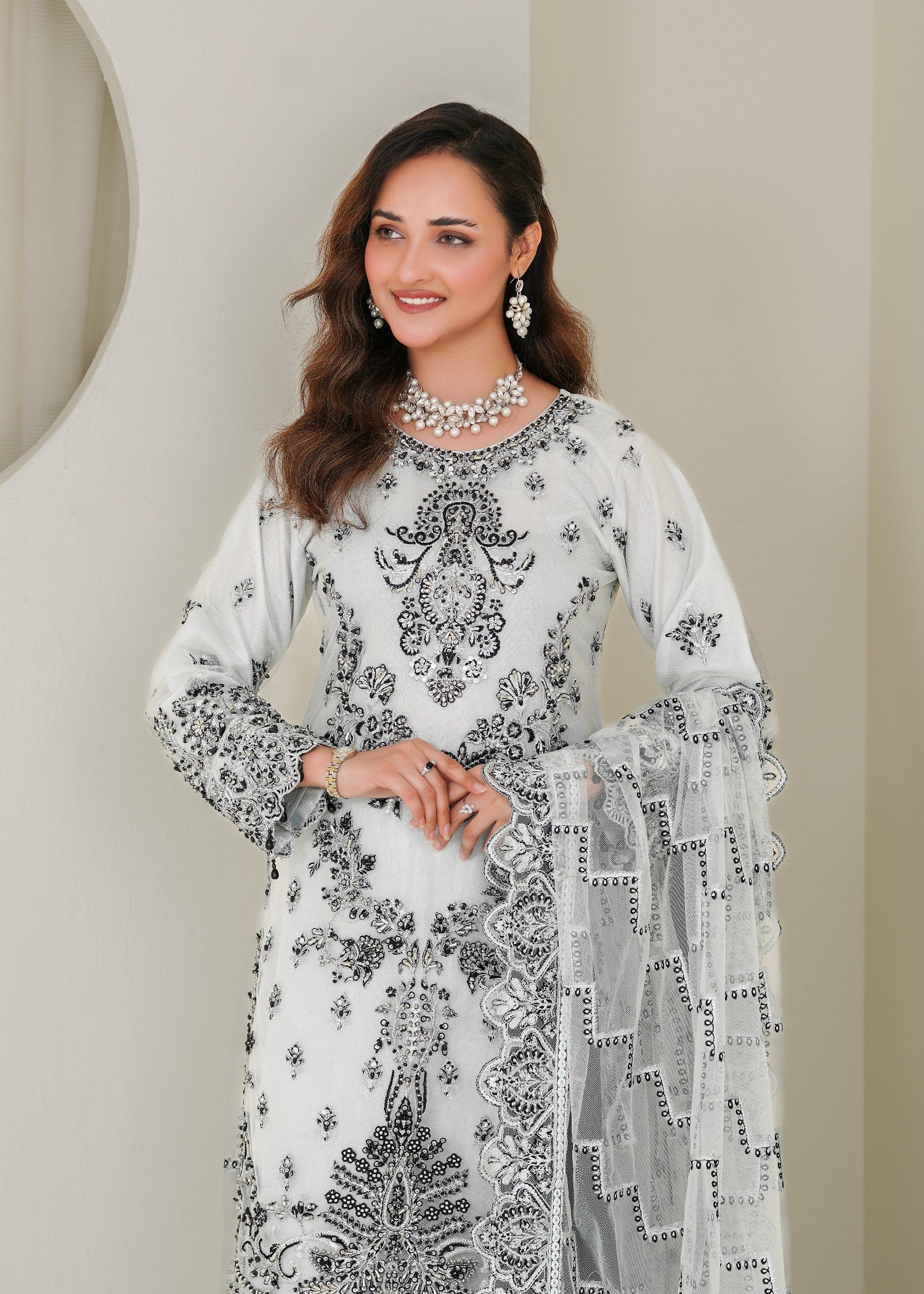 net Kurta Set in White