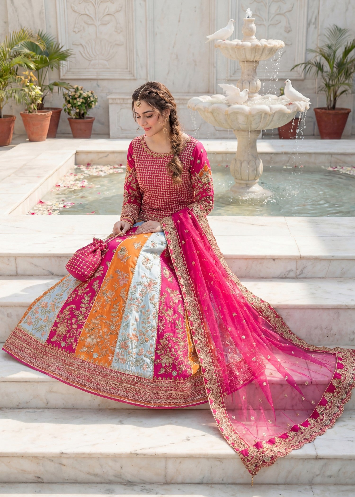 raw silk Lehenga in Shocking pink, multi