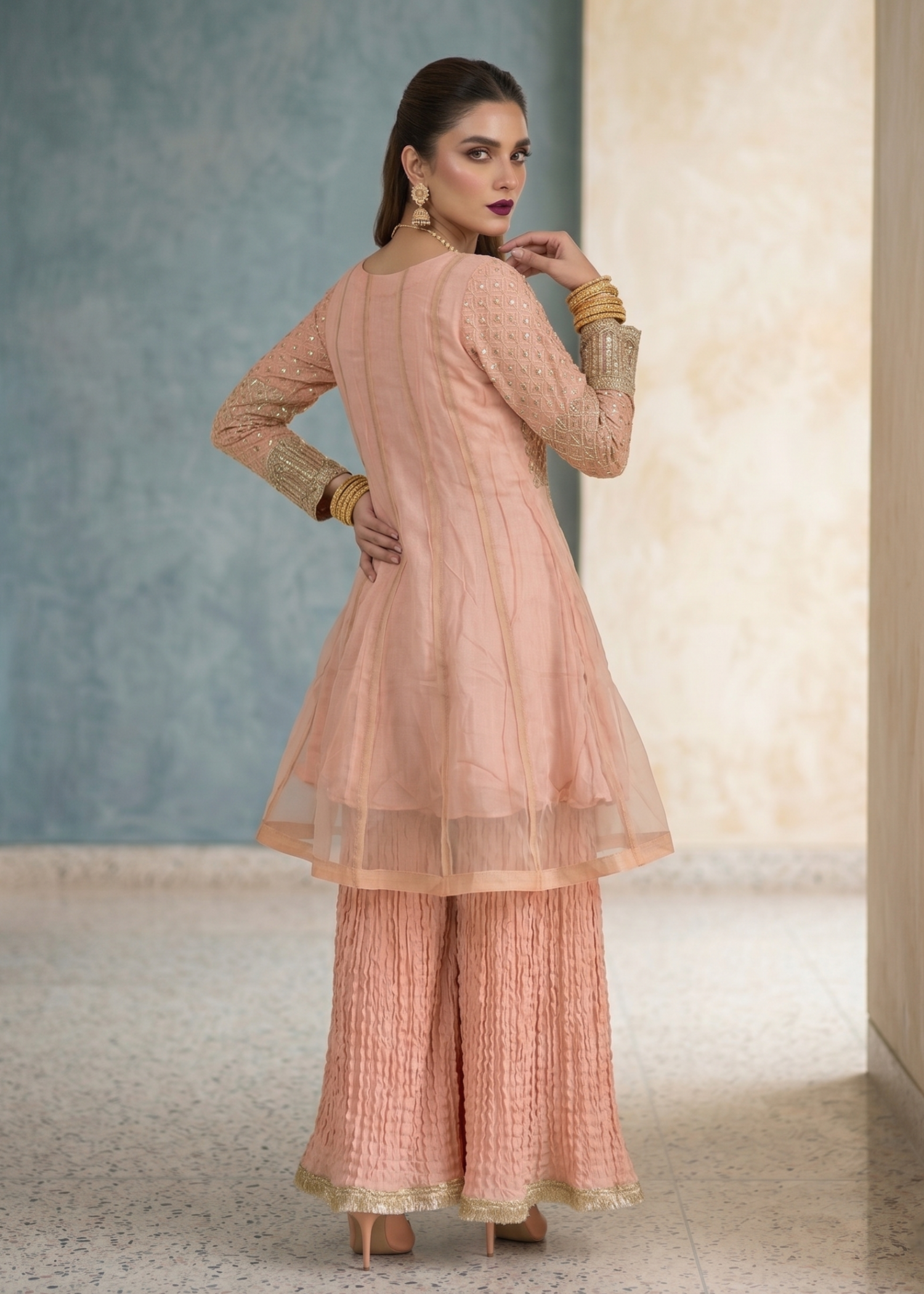 organza Short Frock in Peach pink