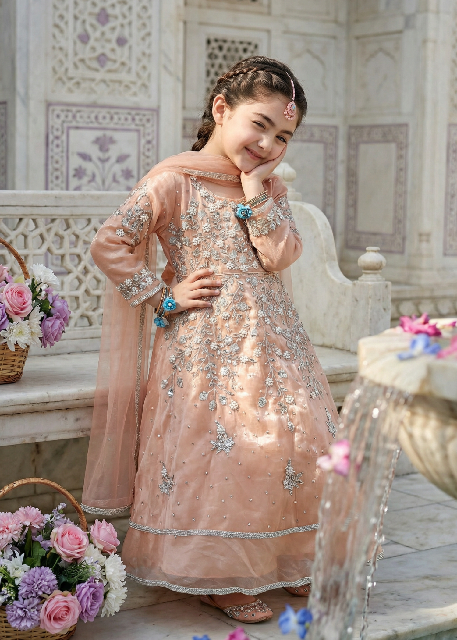 tissue silk Pishwas in Peach pink