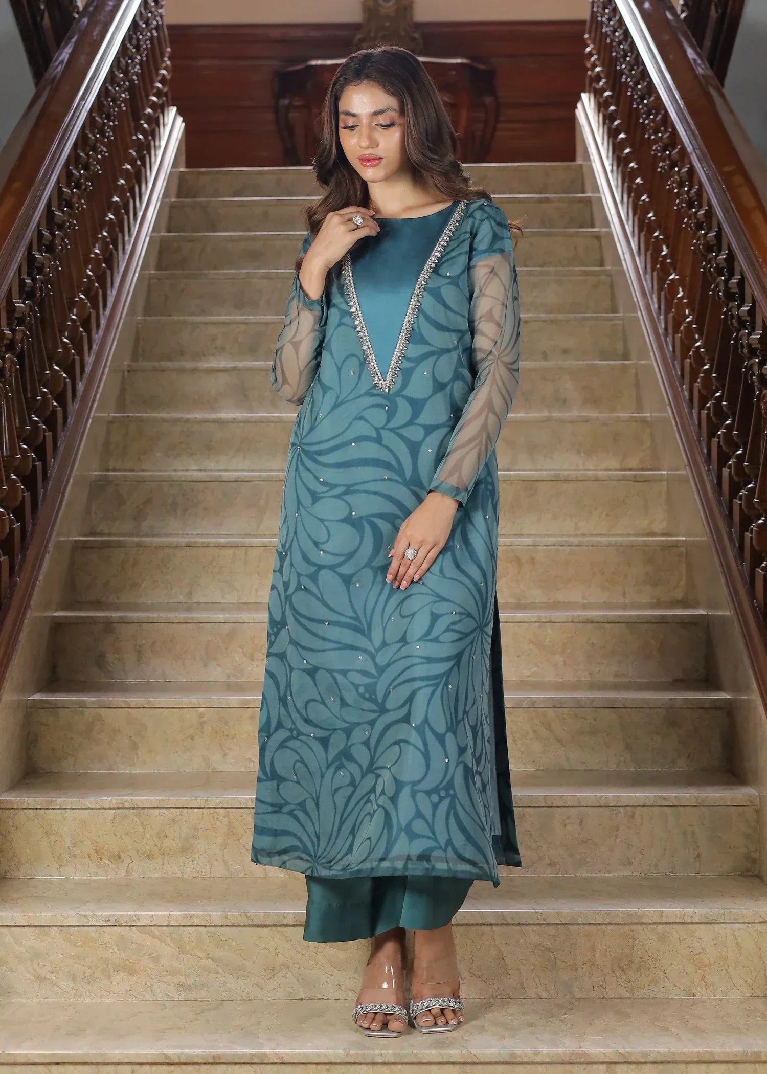 silk Kurta Set in Slate blue