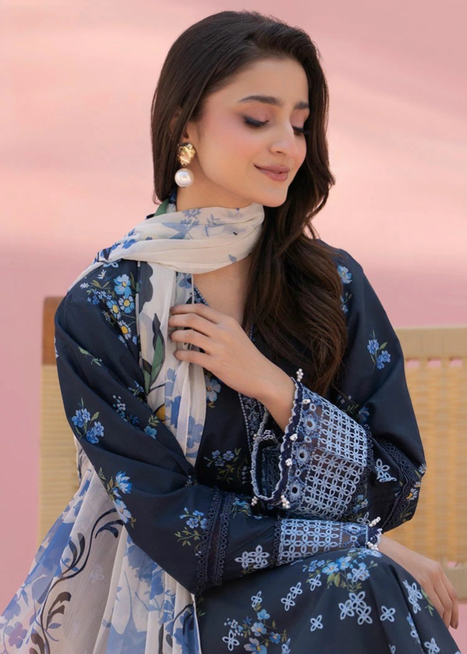 cambric Kurta Set in Midnight blue