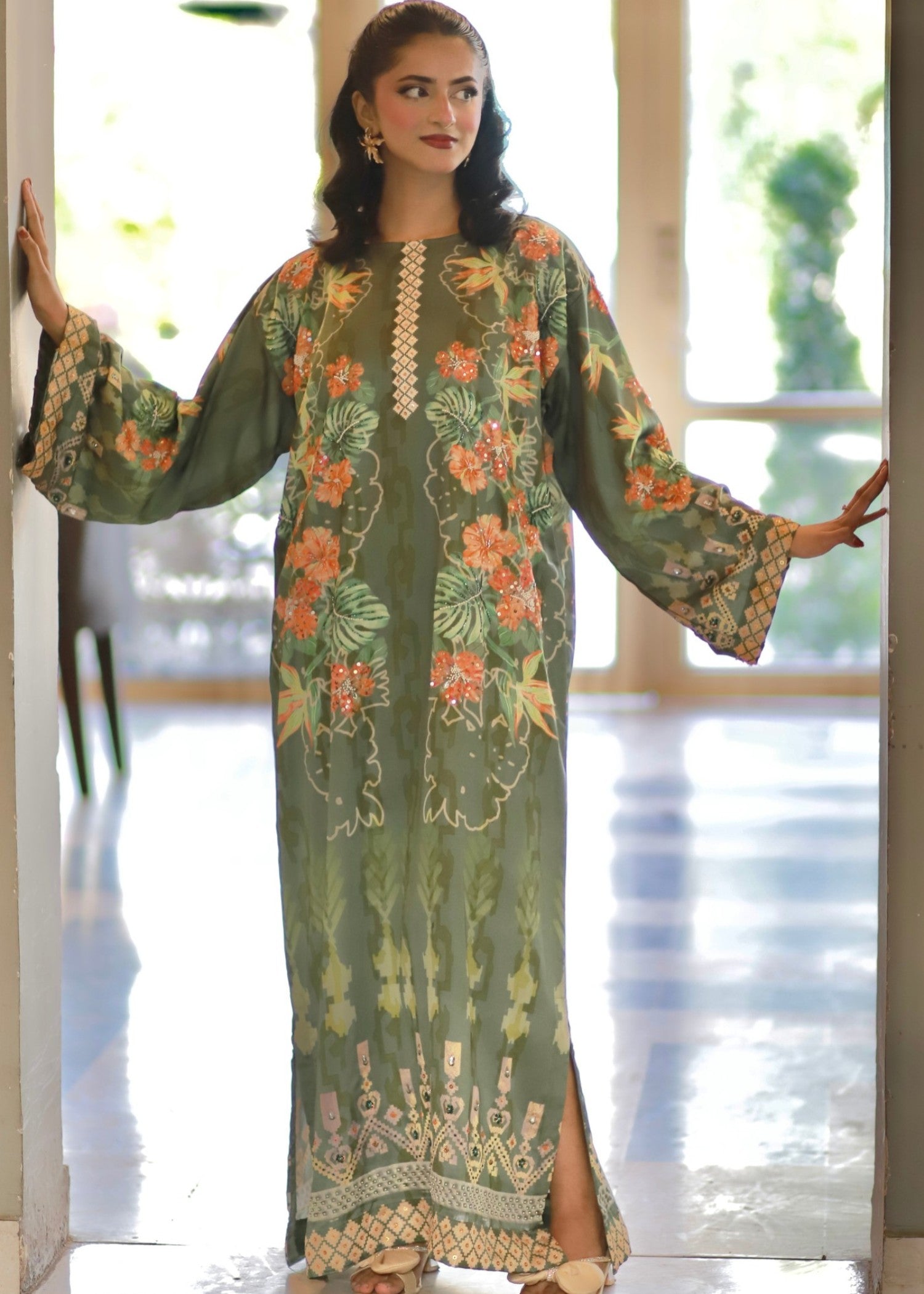pk charmuse silk Kaftan in Olive green