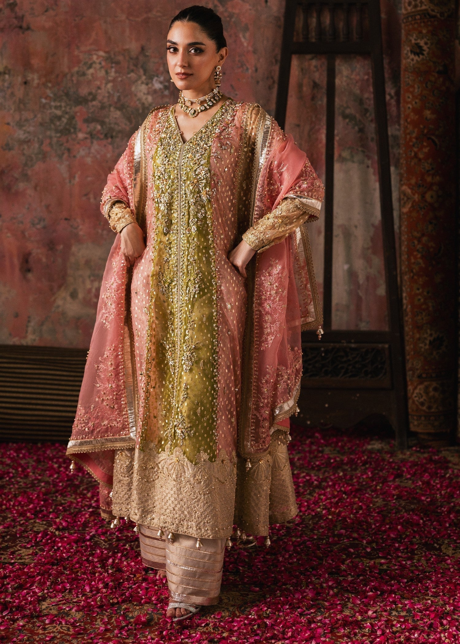 organza Pishwas in Olive green, coral orange