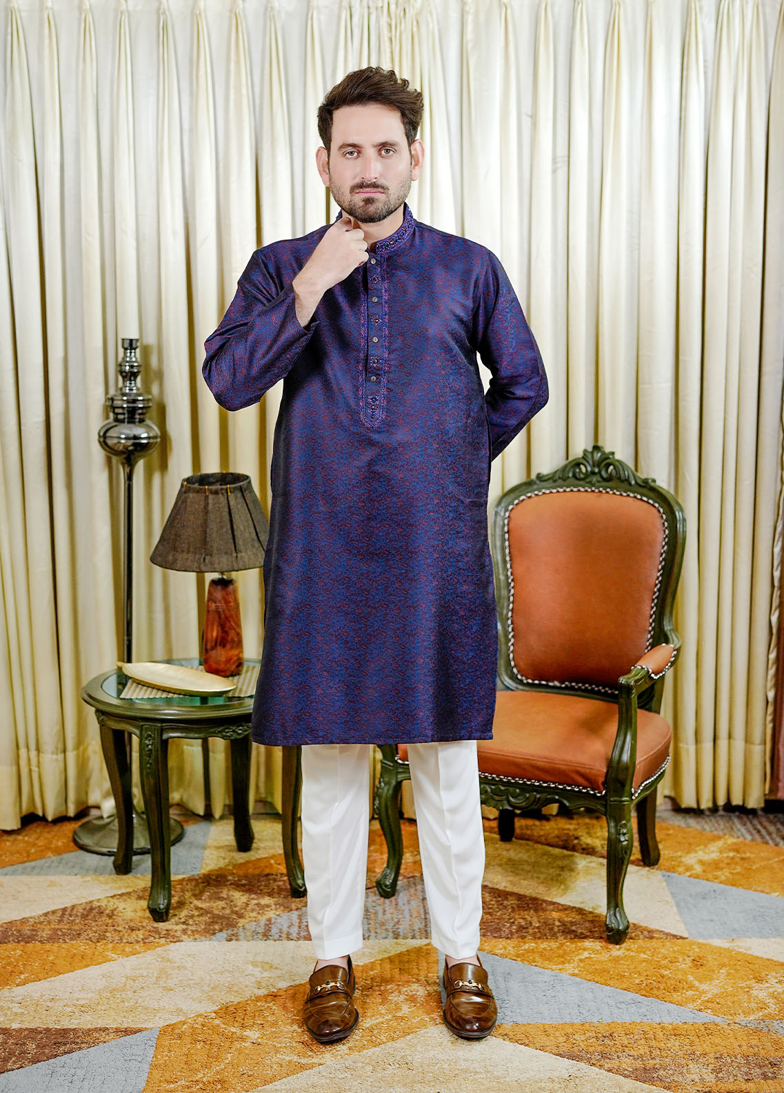 traditional jamawar Kurta in Blue by Real Image Clothing