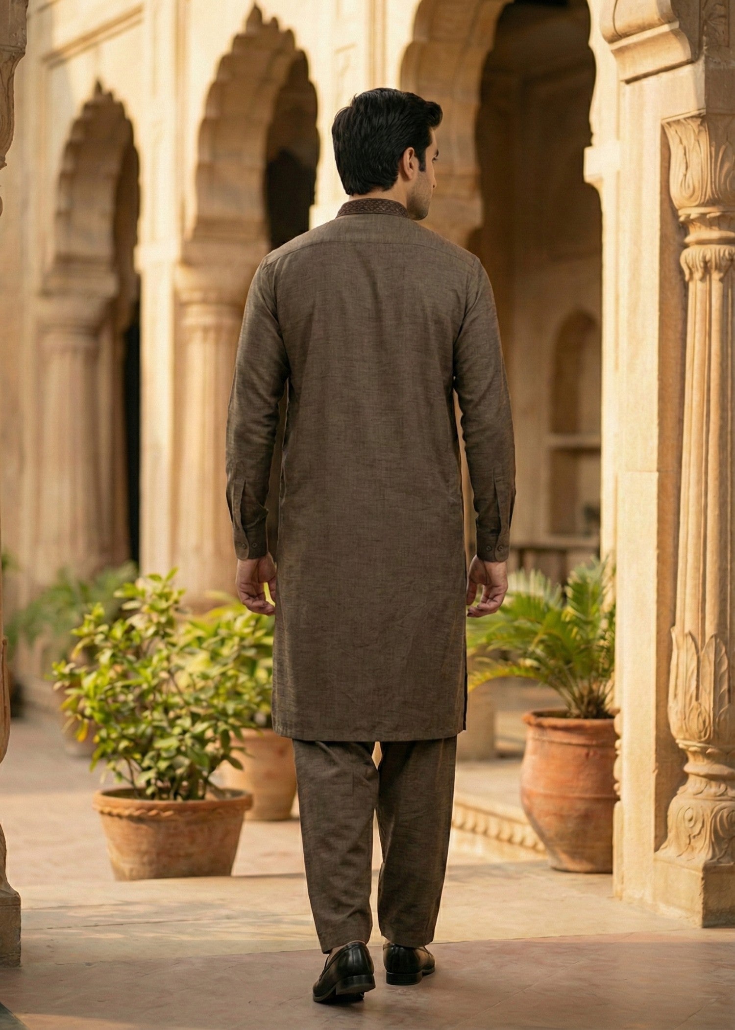 textured wash & wear Shalwar Kameez in Brown