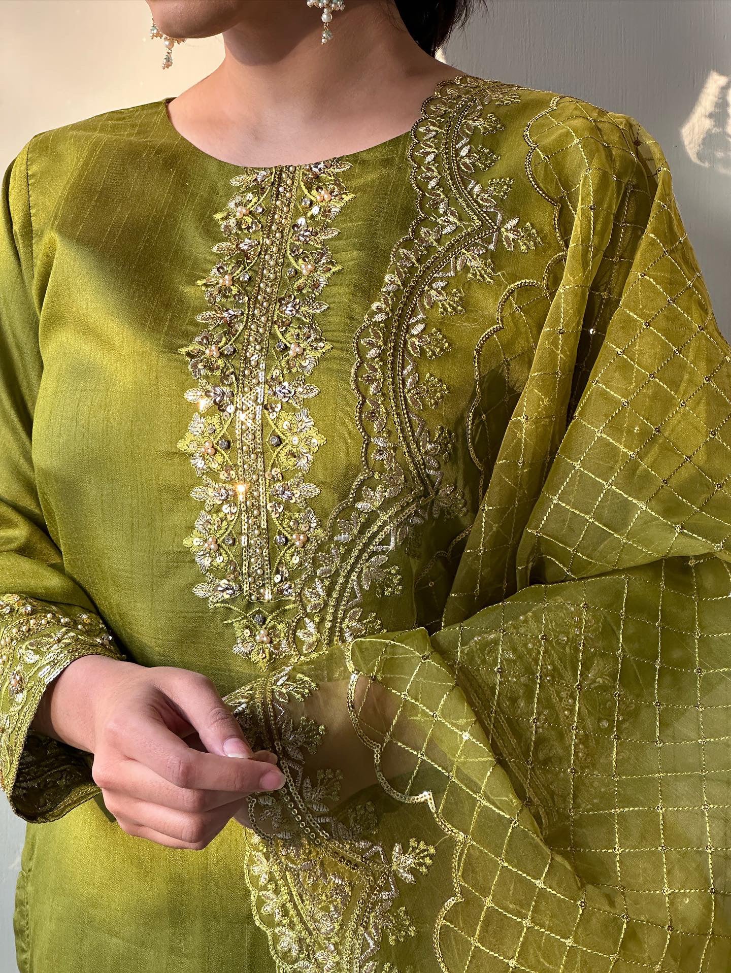 raw silk Sharara in Green