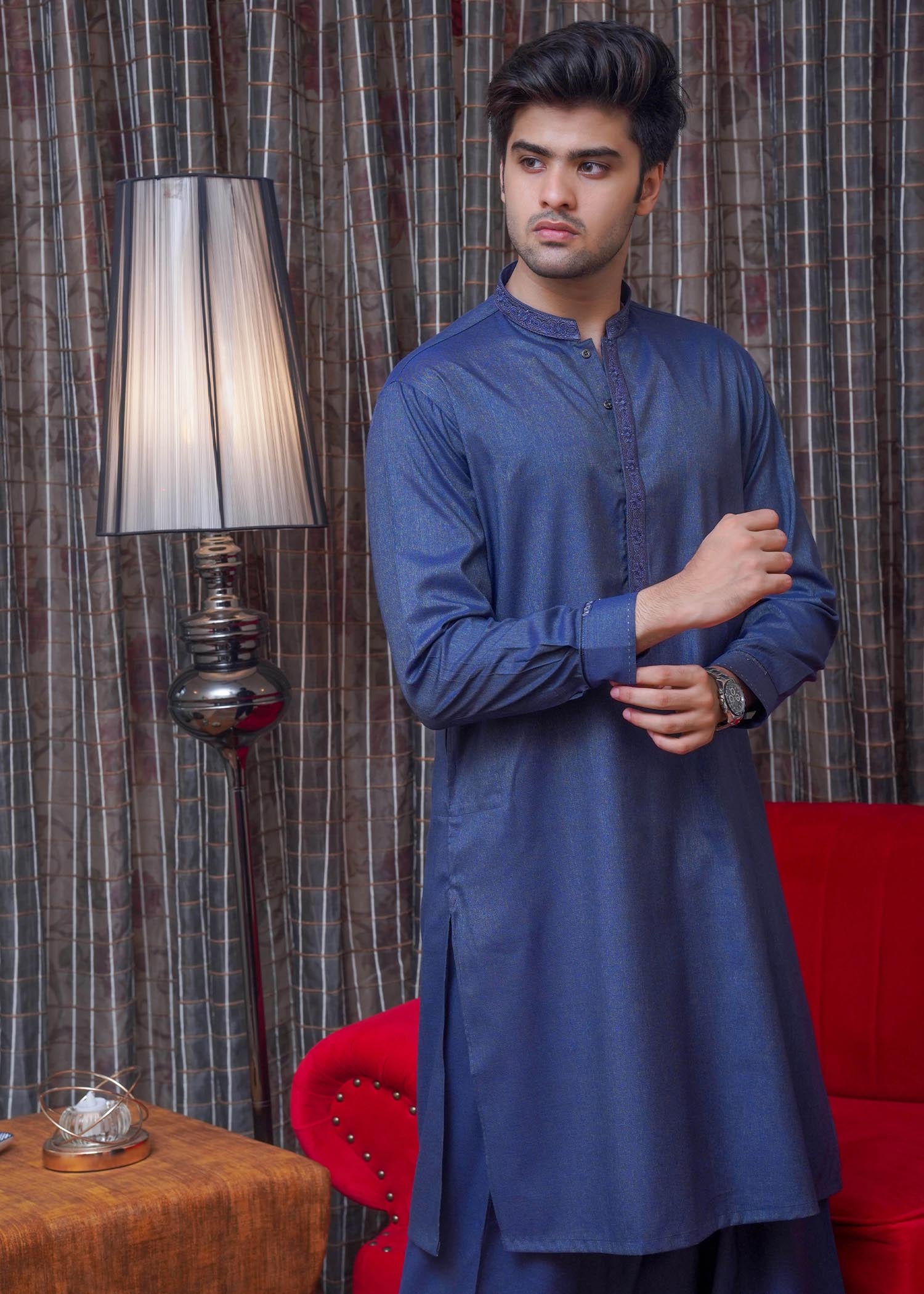 textured wash & wear Shalwar Kameez in Blue