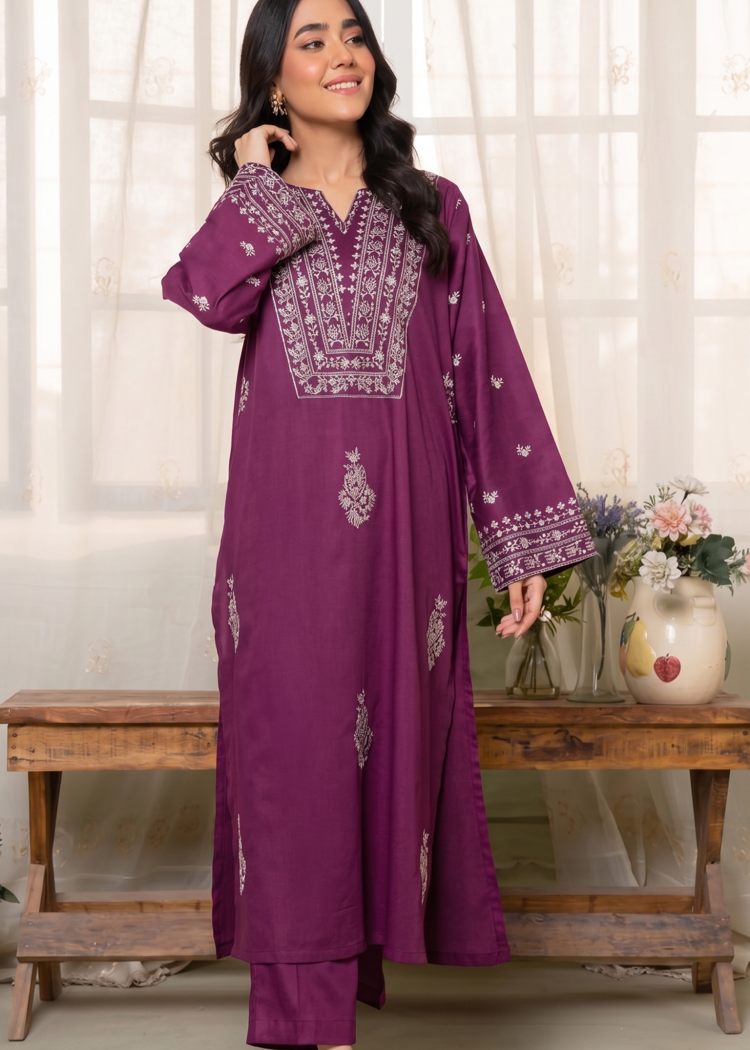 linen Kurta Set in Purple
