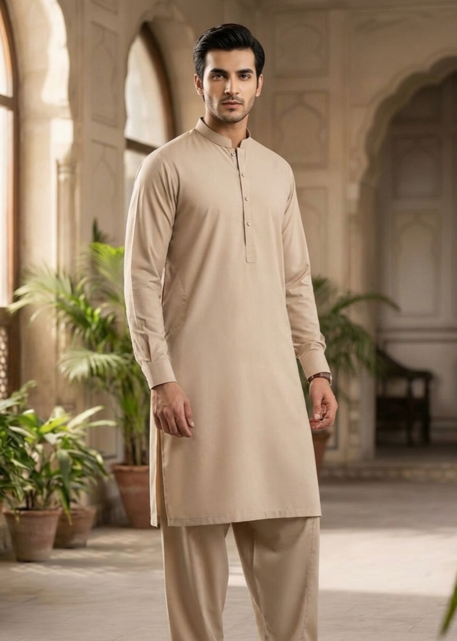 wash & wear Shalwar Kameez in Beige by Waqar Mustafa