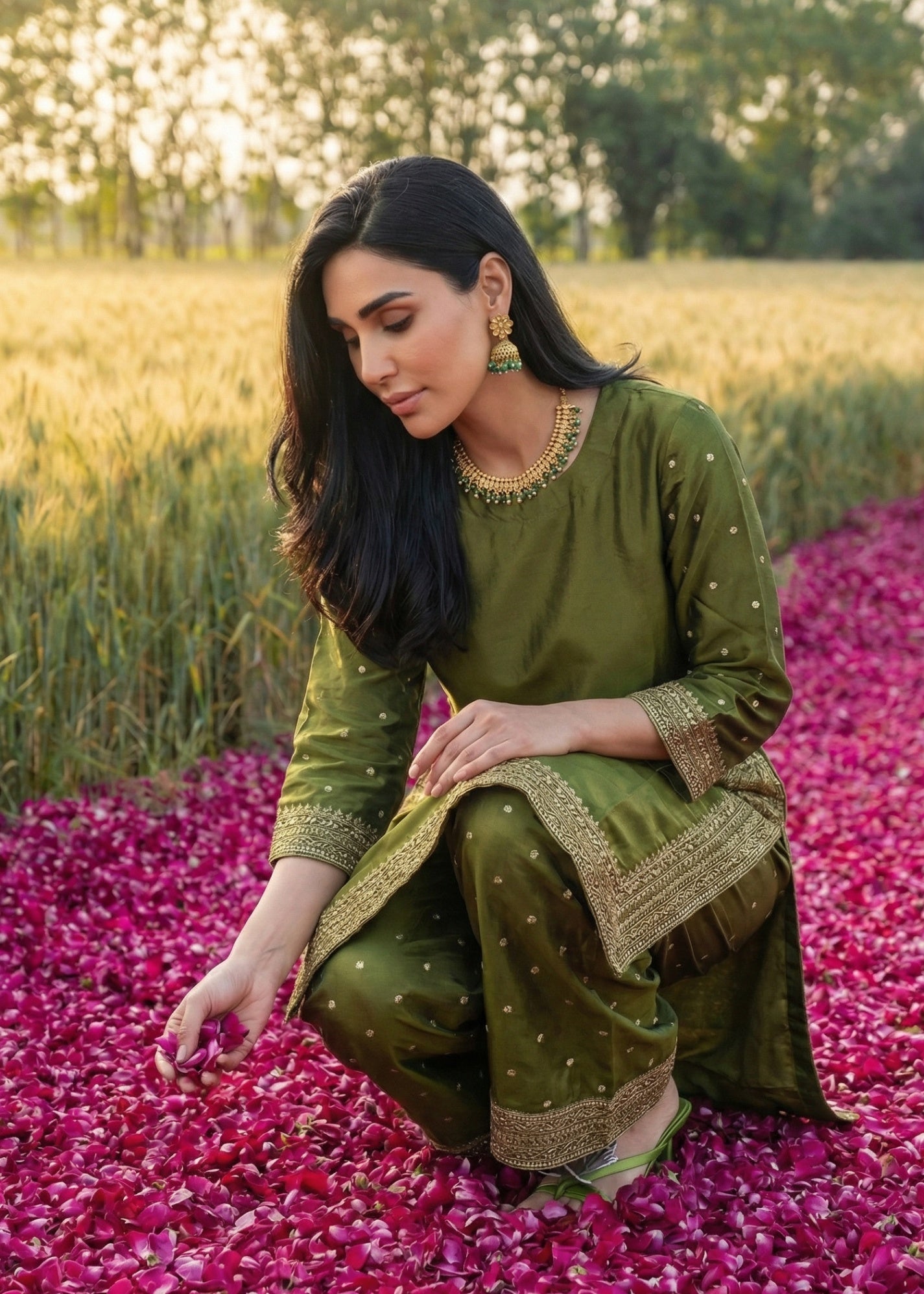 raw silk Kurta Set in Olive green