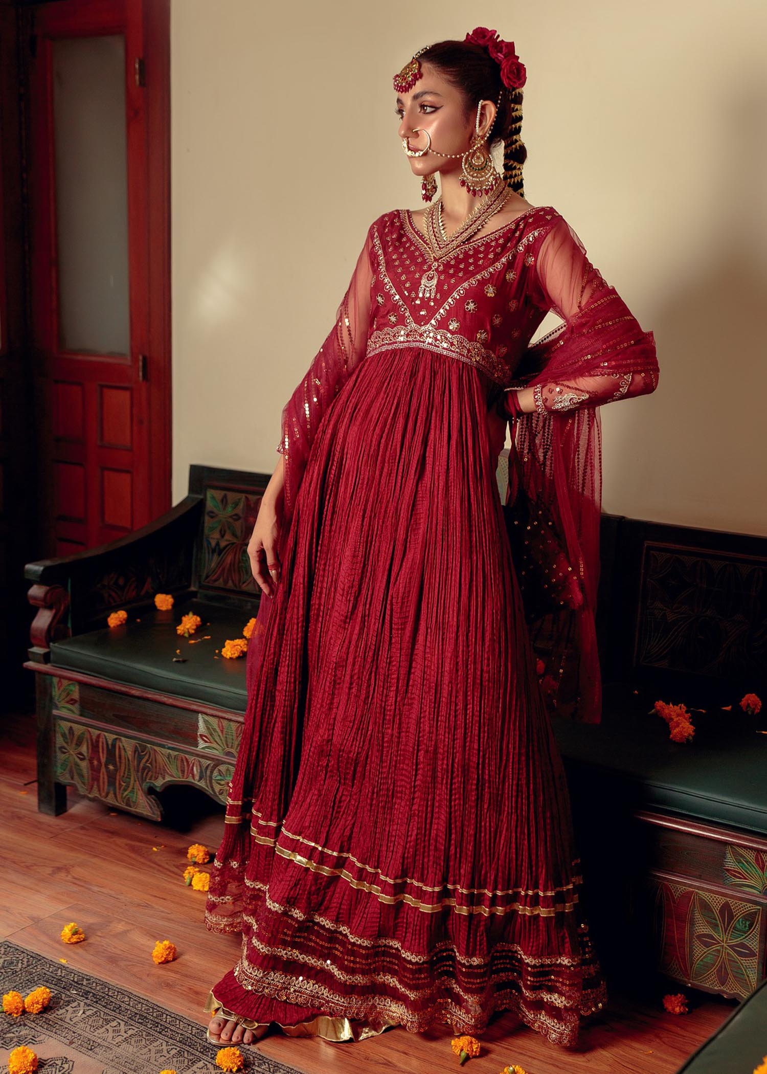 cotton silk Pishwas in Maroon