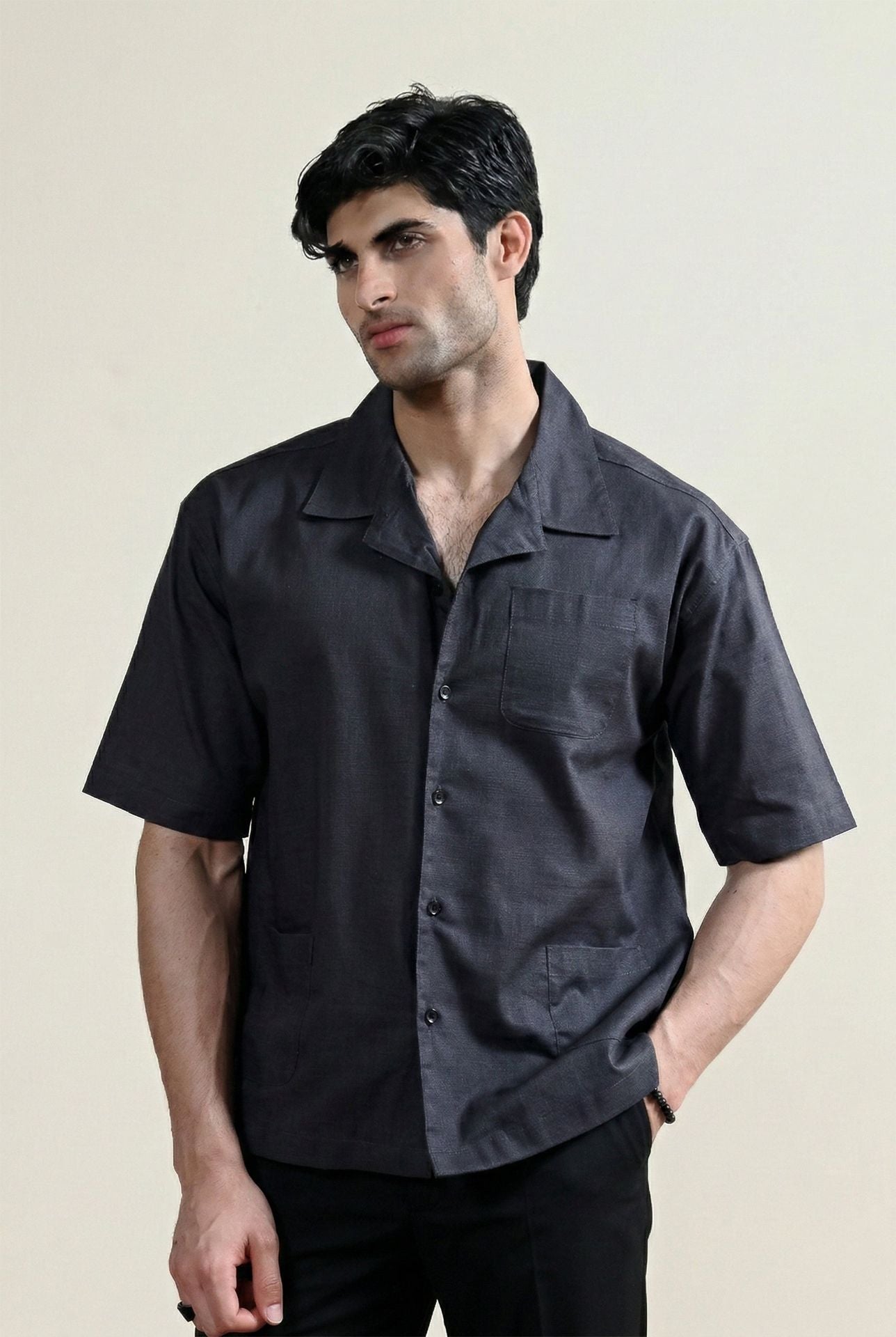linen Casual Shirt in Coal