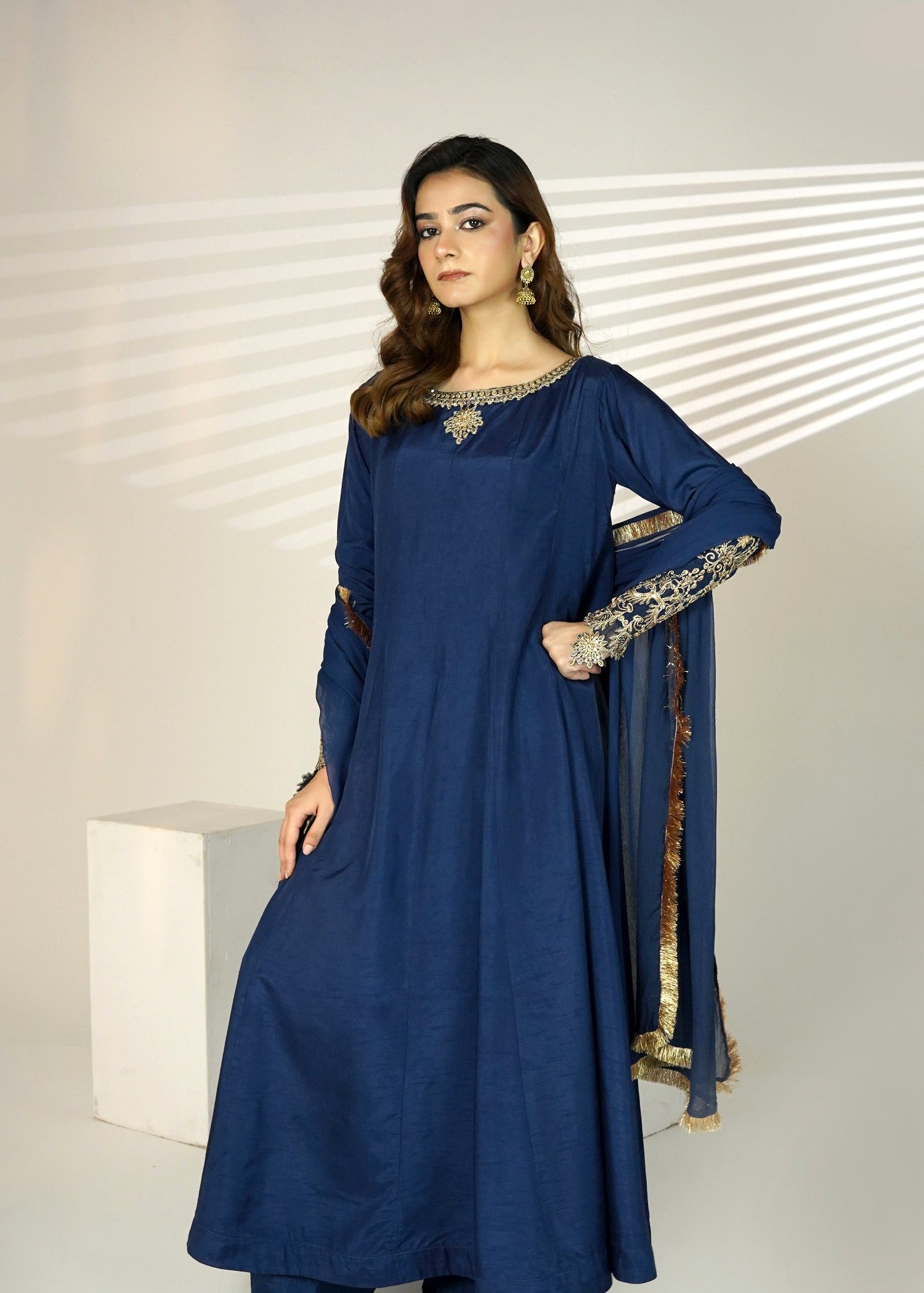 korean raw silk Maxi in Navy blue