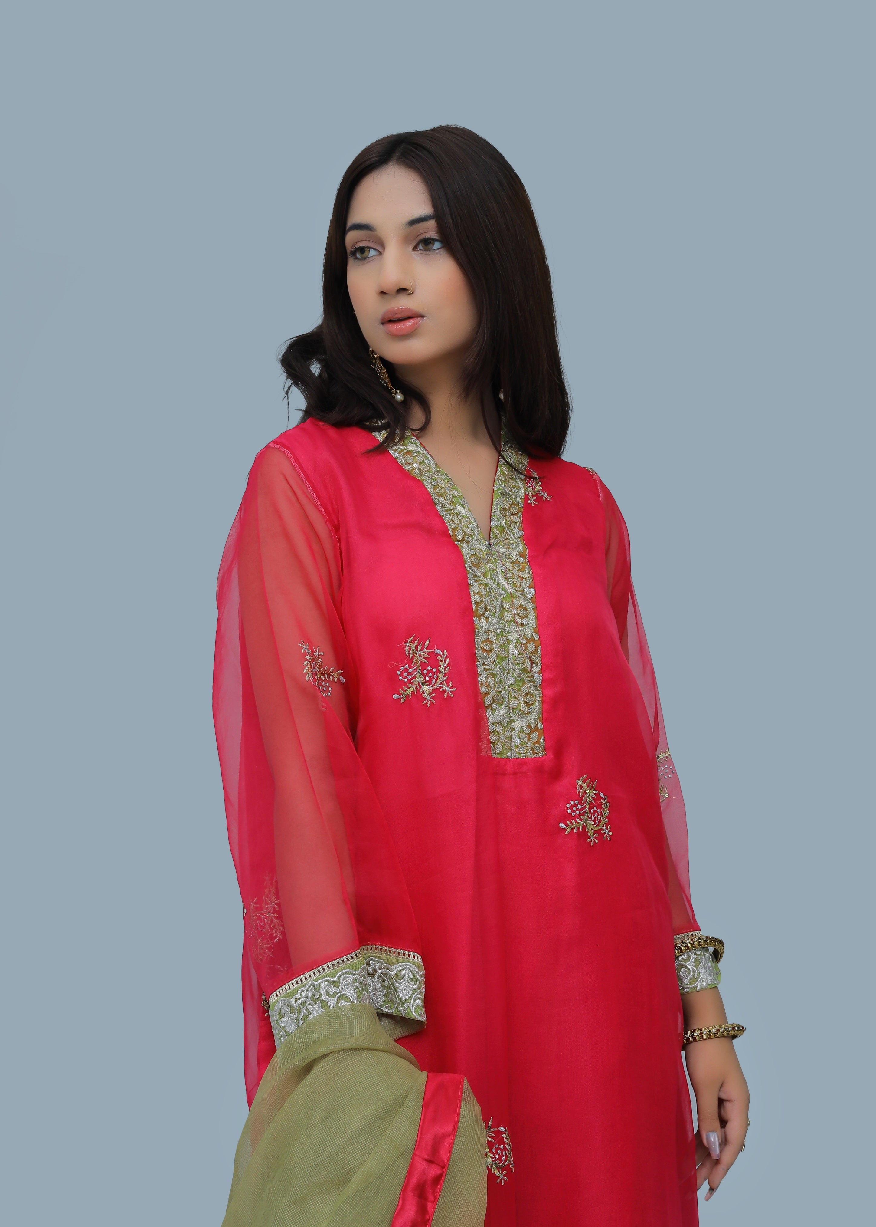 organza Kurta Set in Hot pink red