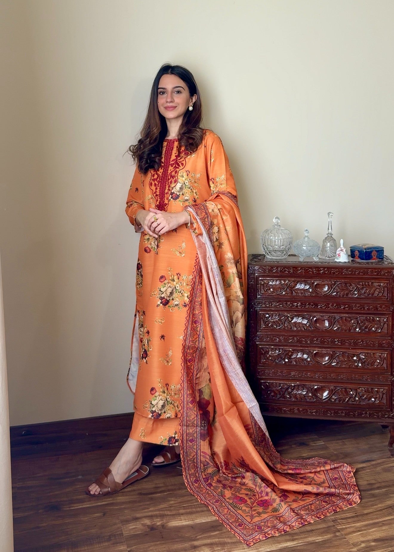 slub Kurta Set in Orange