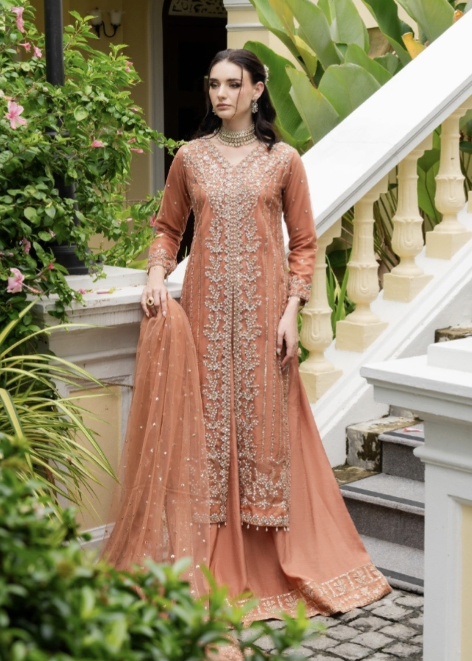 net Lehenga in Coral orange