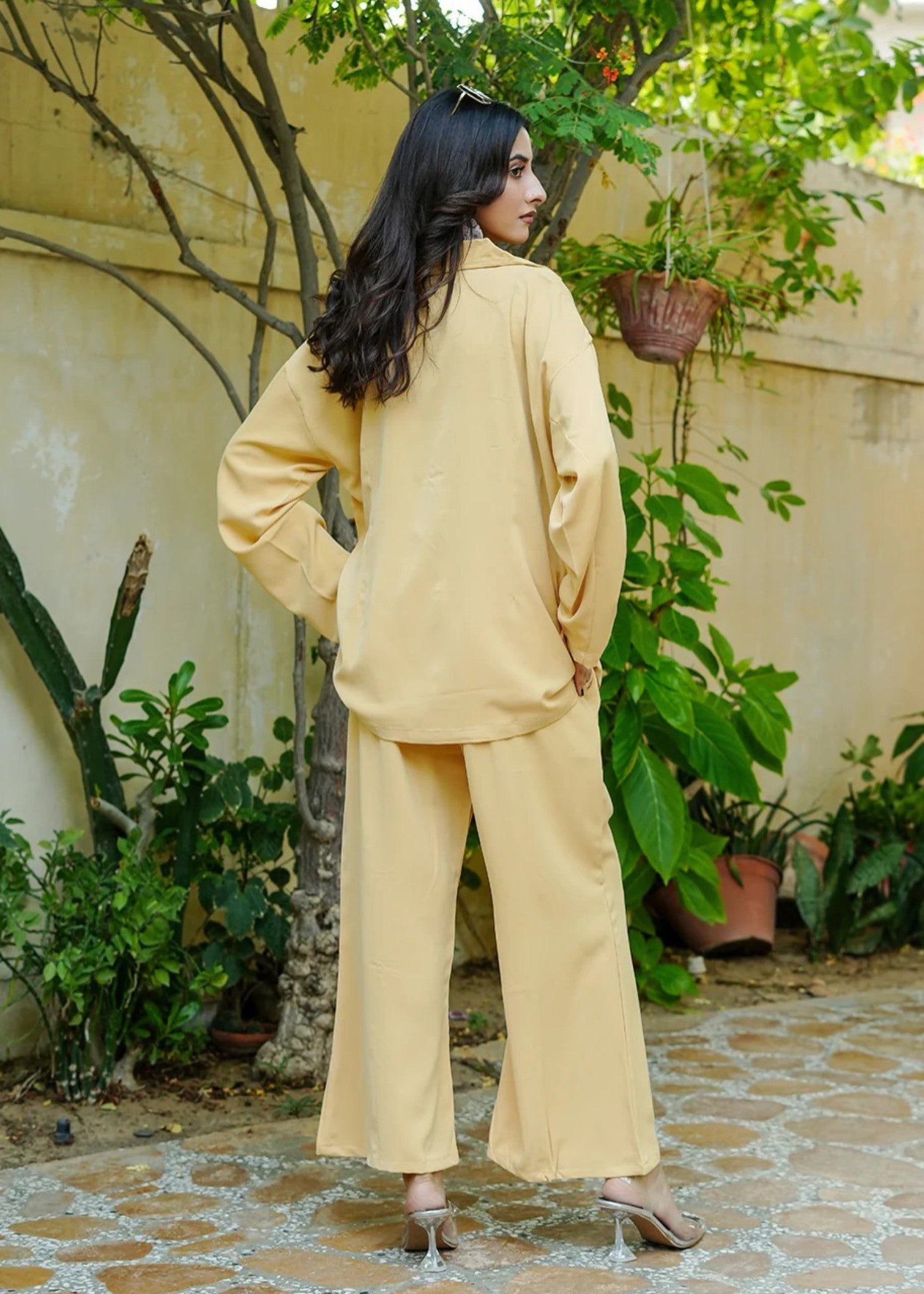 blended satin polyester Co Ord Sets in Yellow