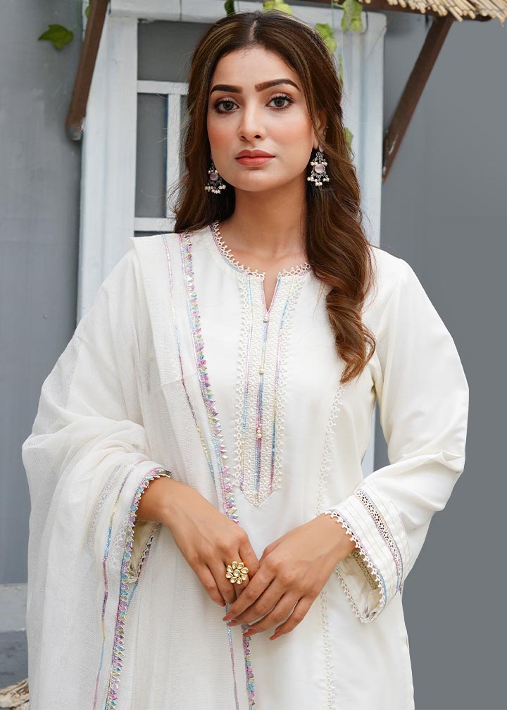 cotton silk Kurta Set in Pearl white