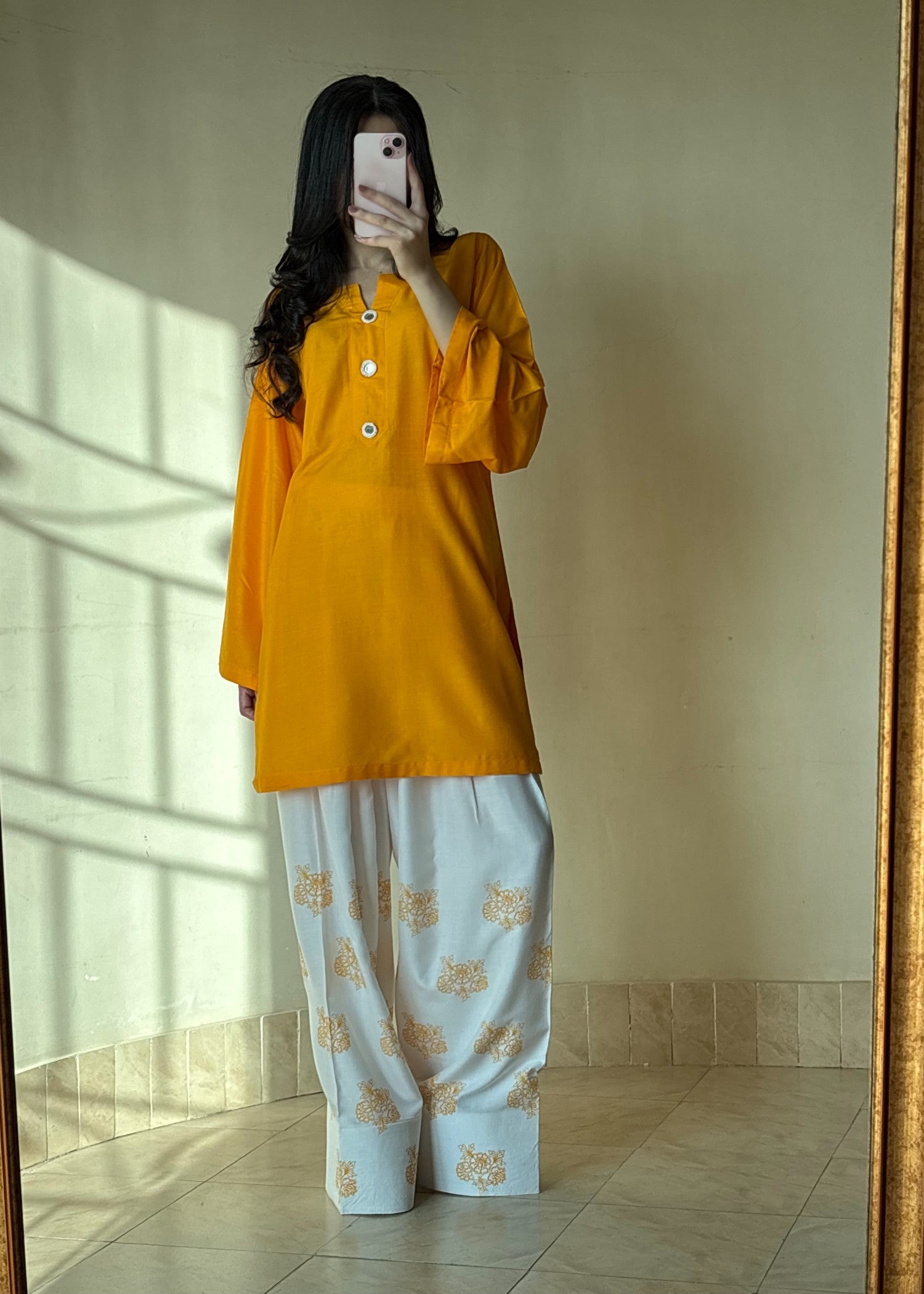 linen Kurta Set in Yellow, white