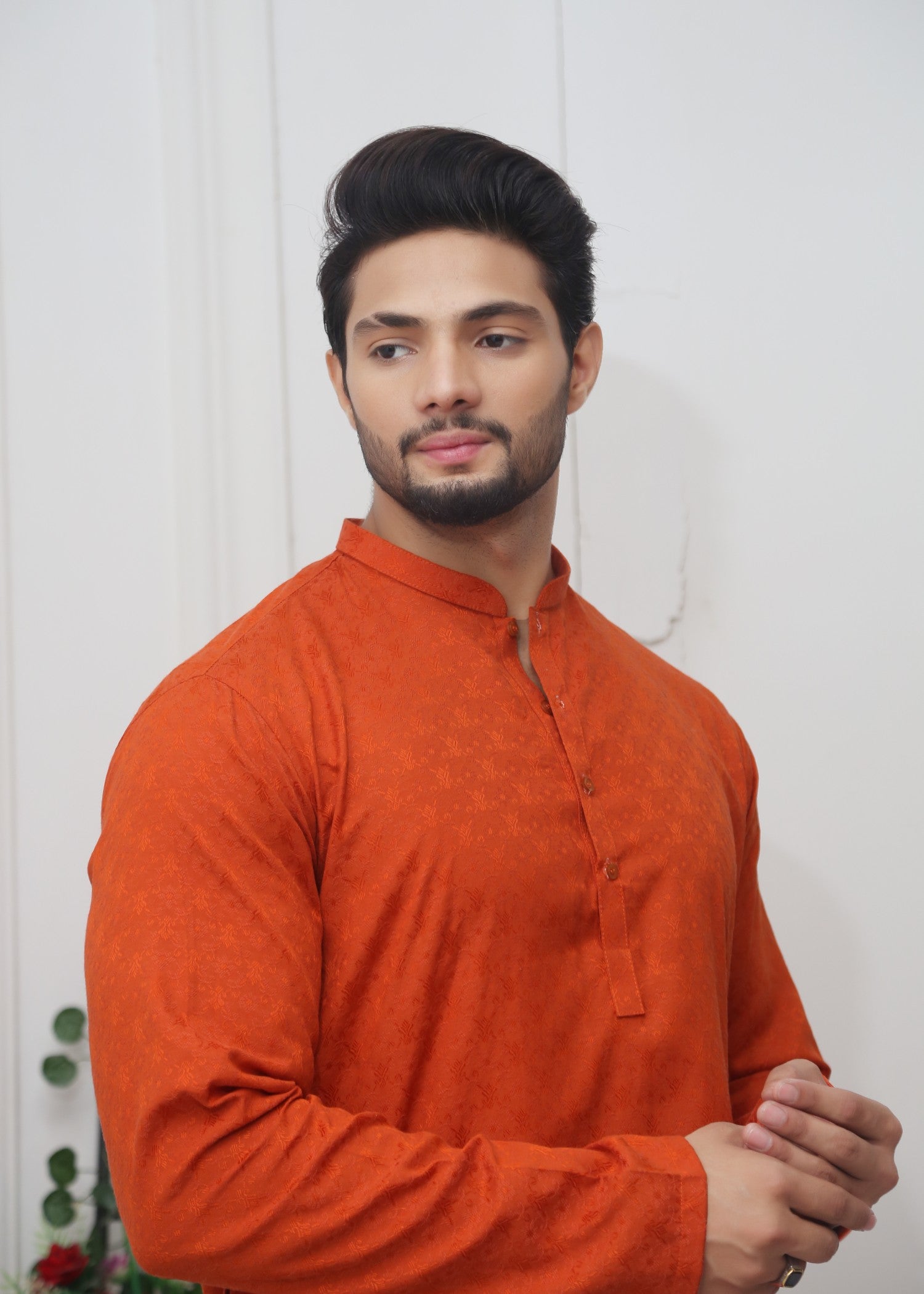 cotton jamawar Kurta in Rust orange