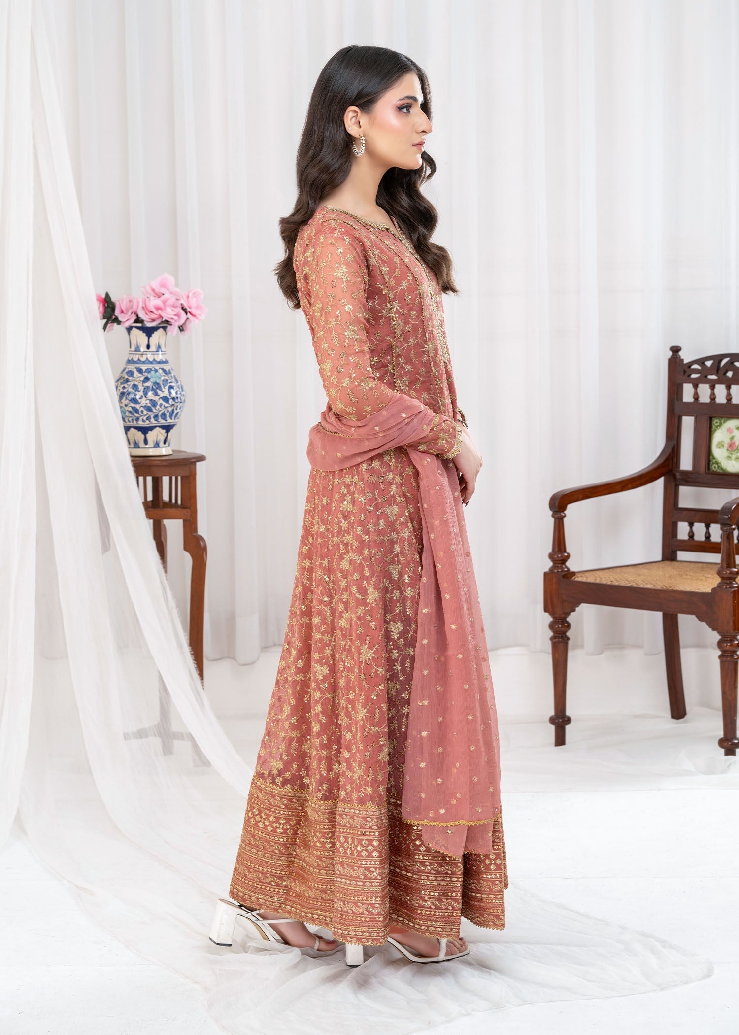 chiffon Pishwas in Coral pink