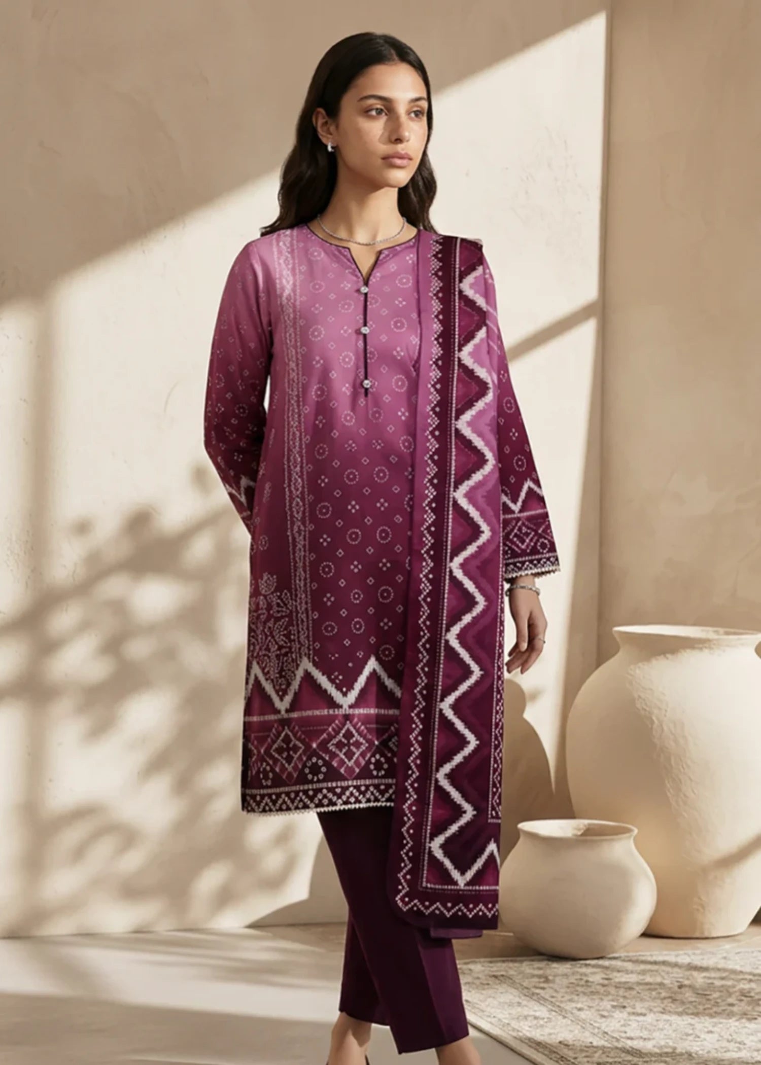 slub lawn Kurta Set in Purple