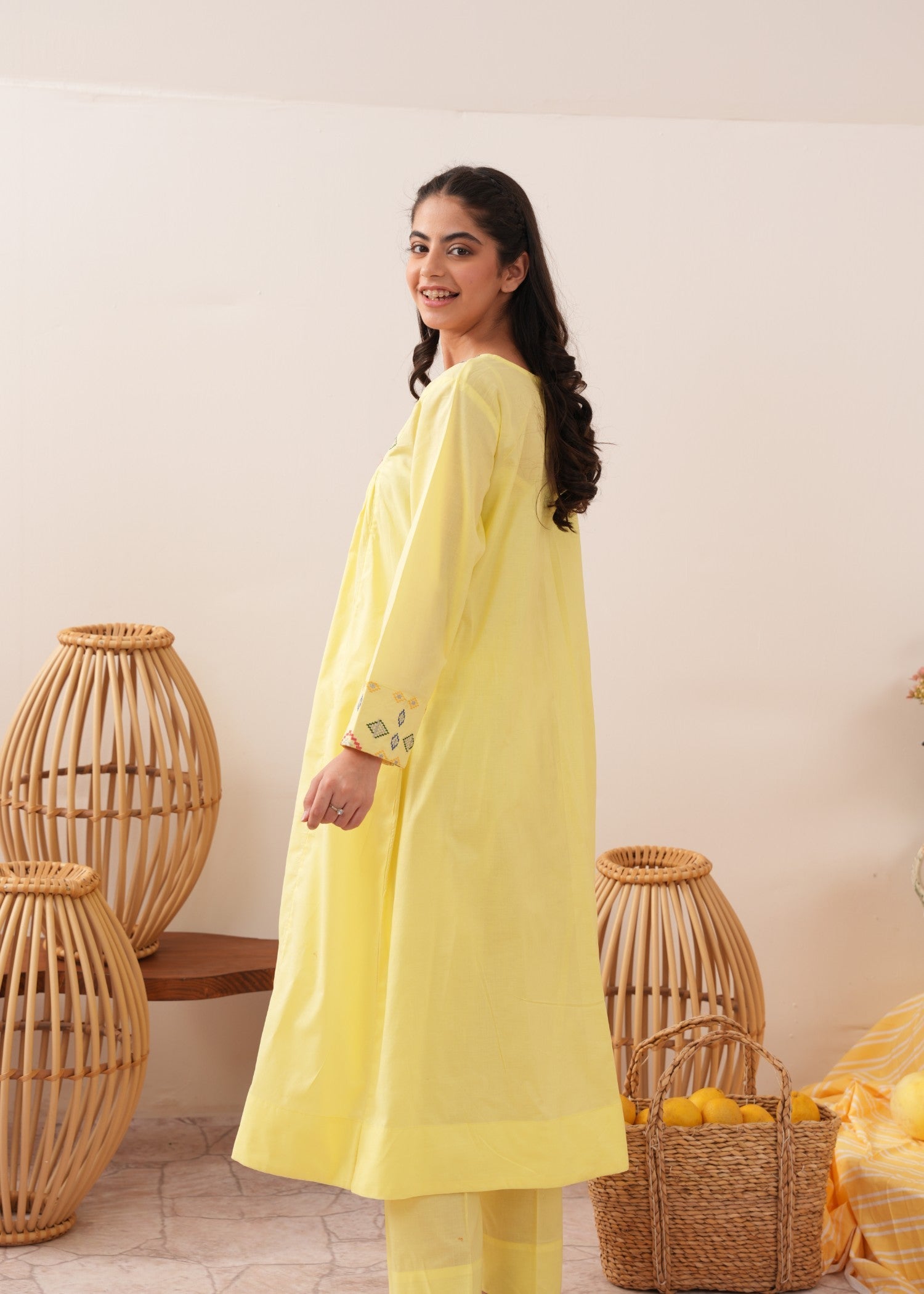 lawn cotton Anarkali in Lemon