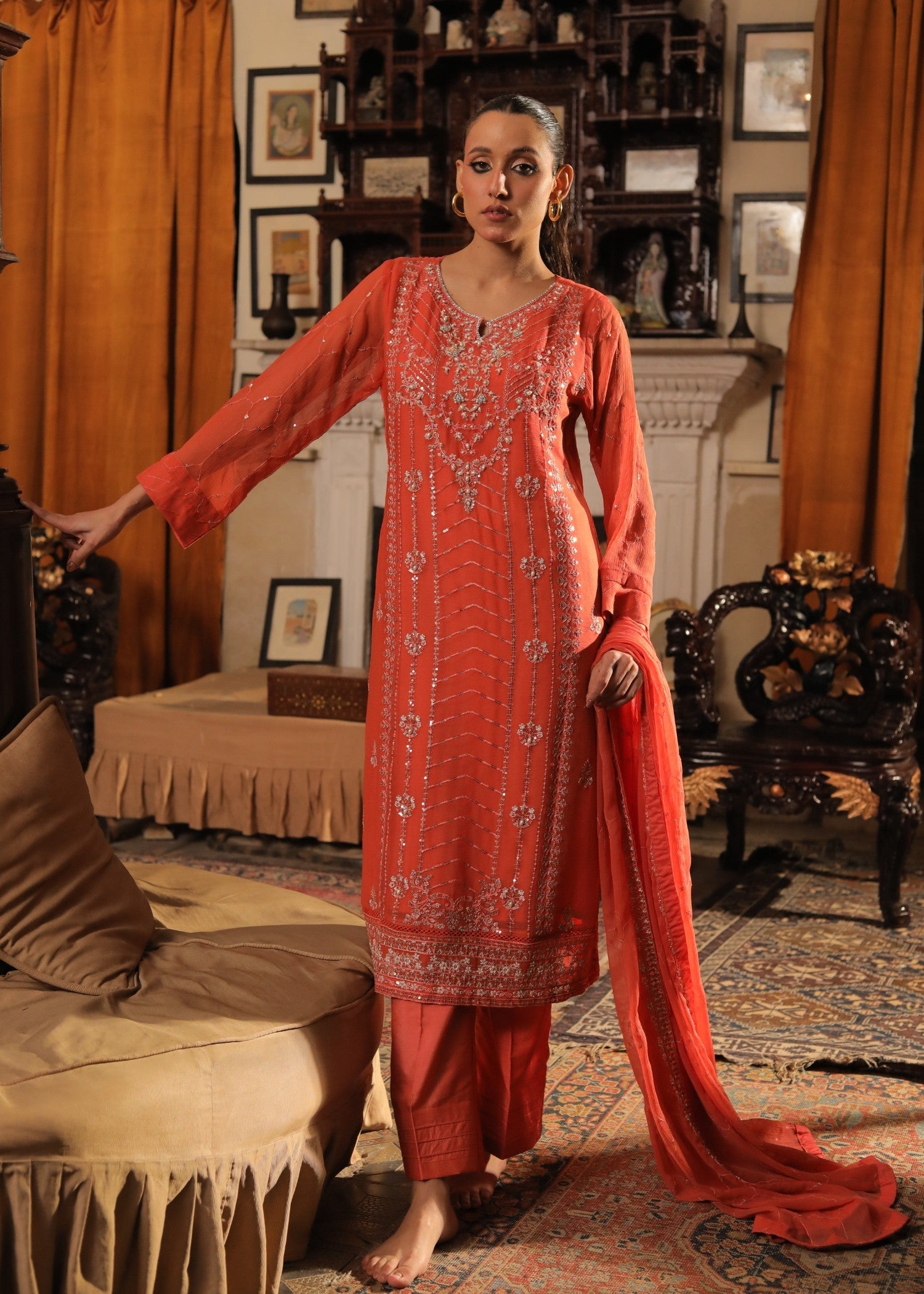 raw silk Kurta Set in Coral orange