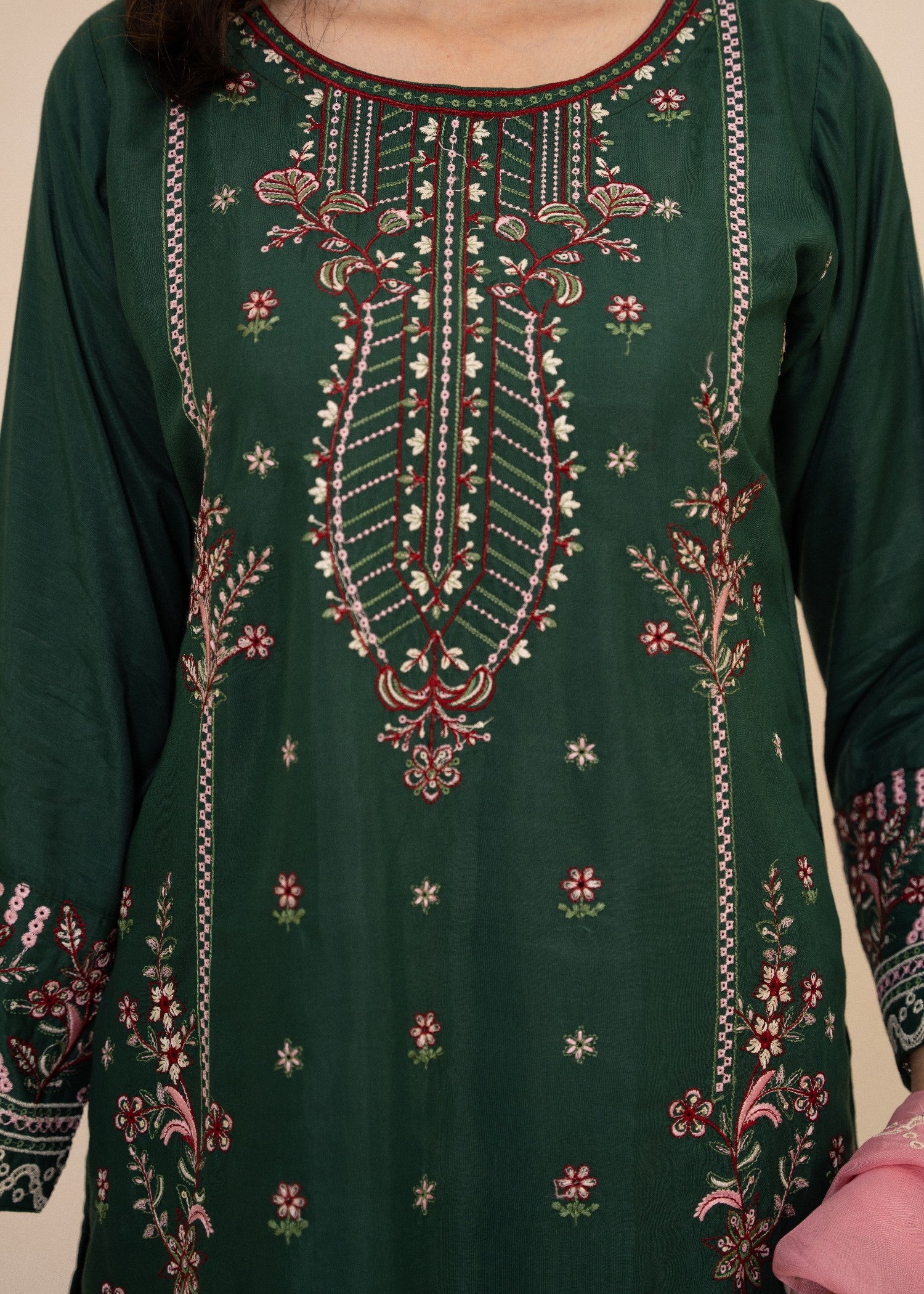 raw silk Kurta Set in Bottle green