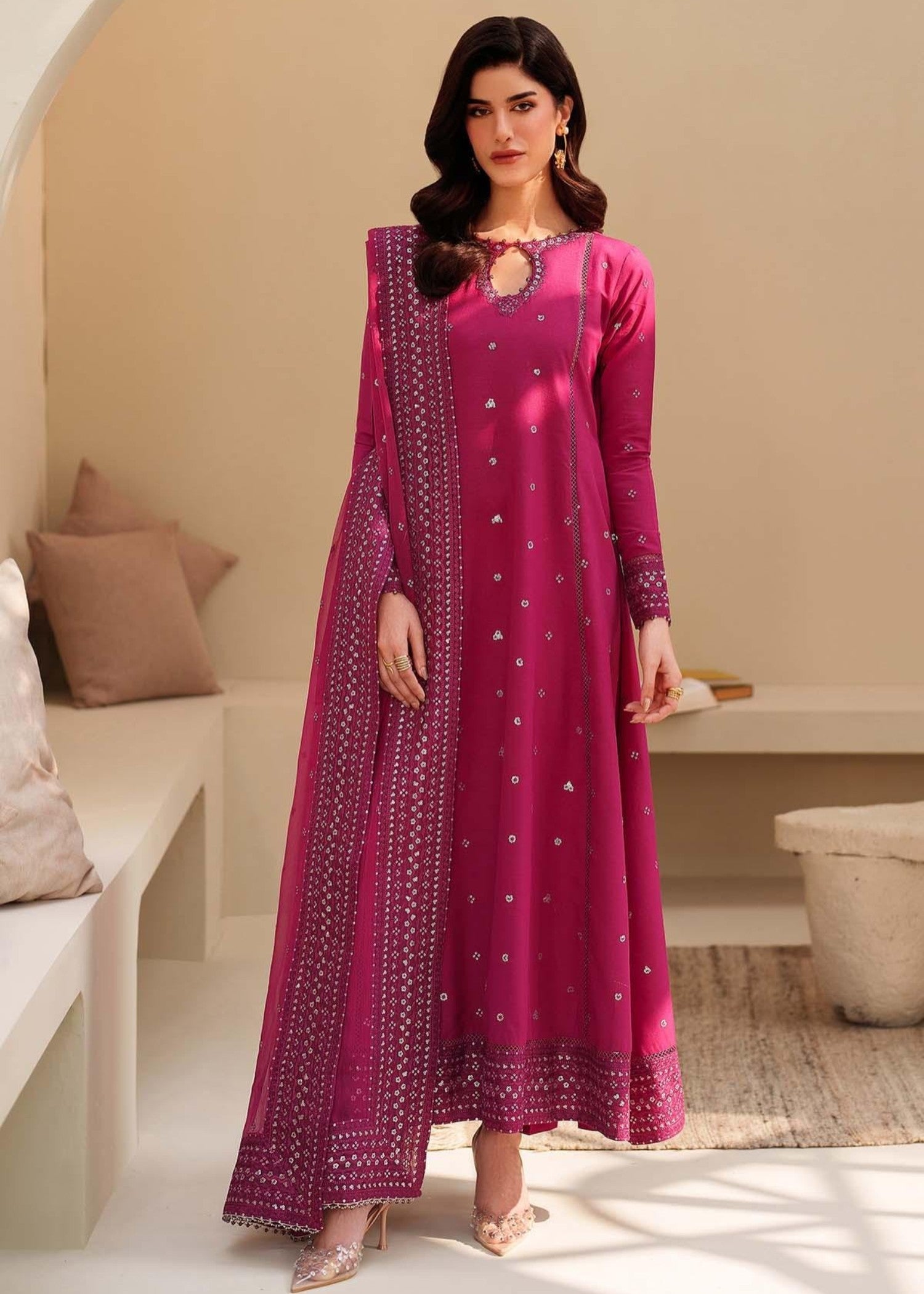raw silk Maxi in Shocking pink