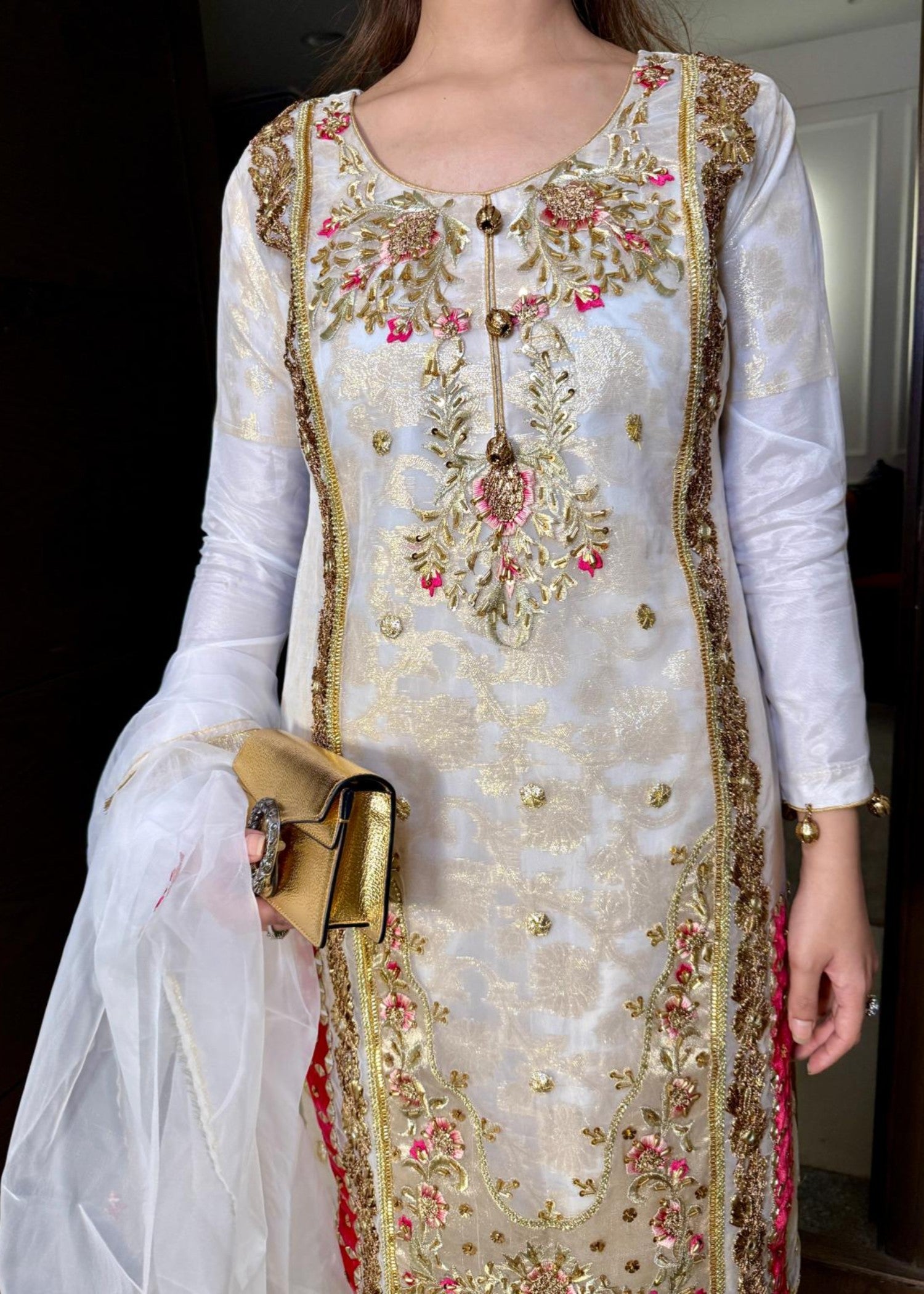 jamawar jacquard Kurta Set in White