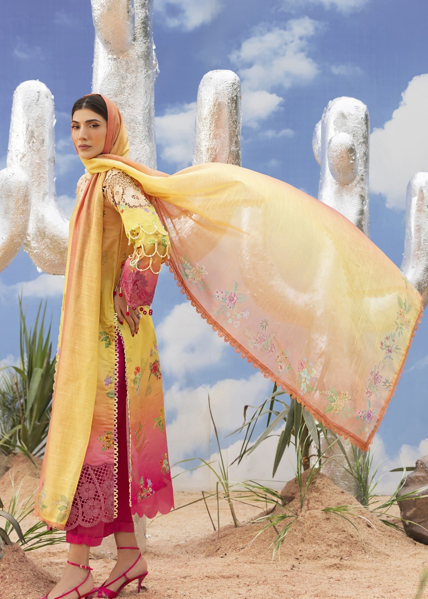 lawn Unstitched in Gold, shocking pink