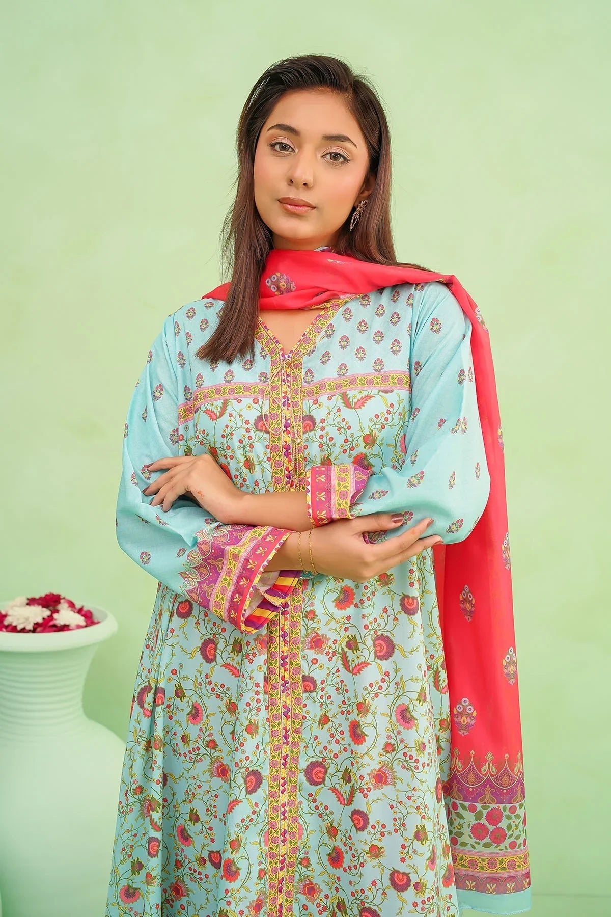 lawn Pishwas in Aquamarine