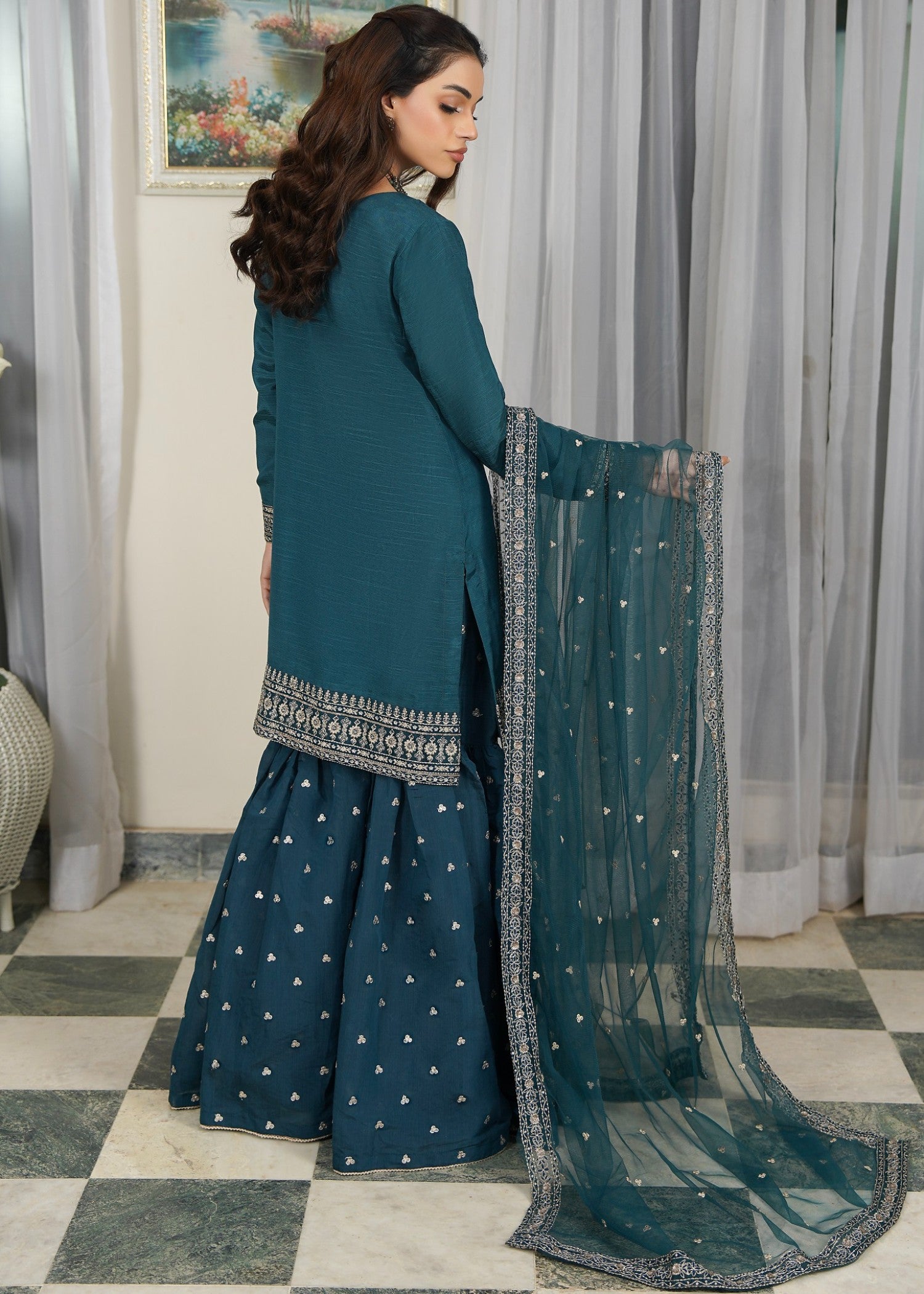 raw silk Gharara in Teal