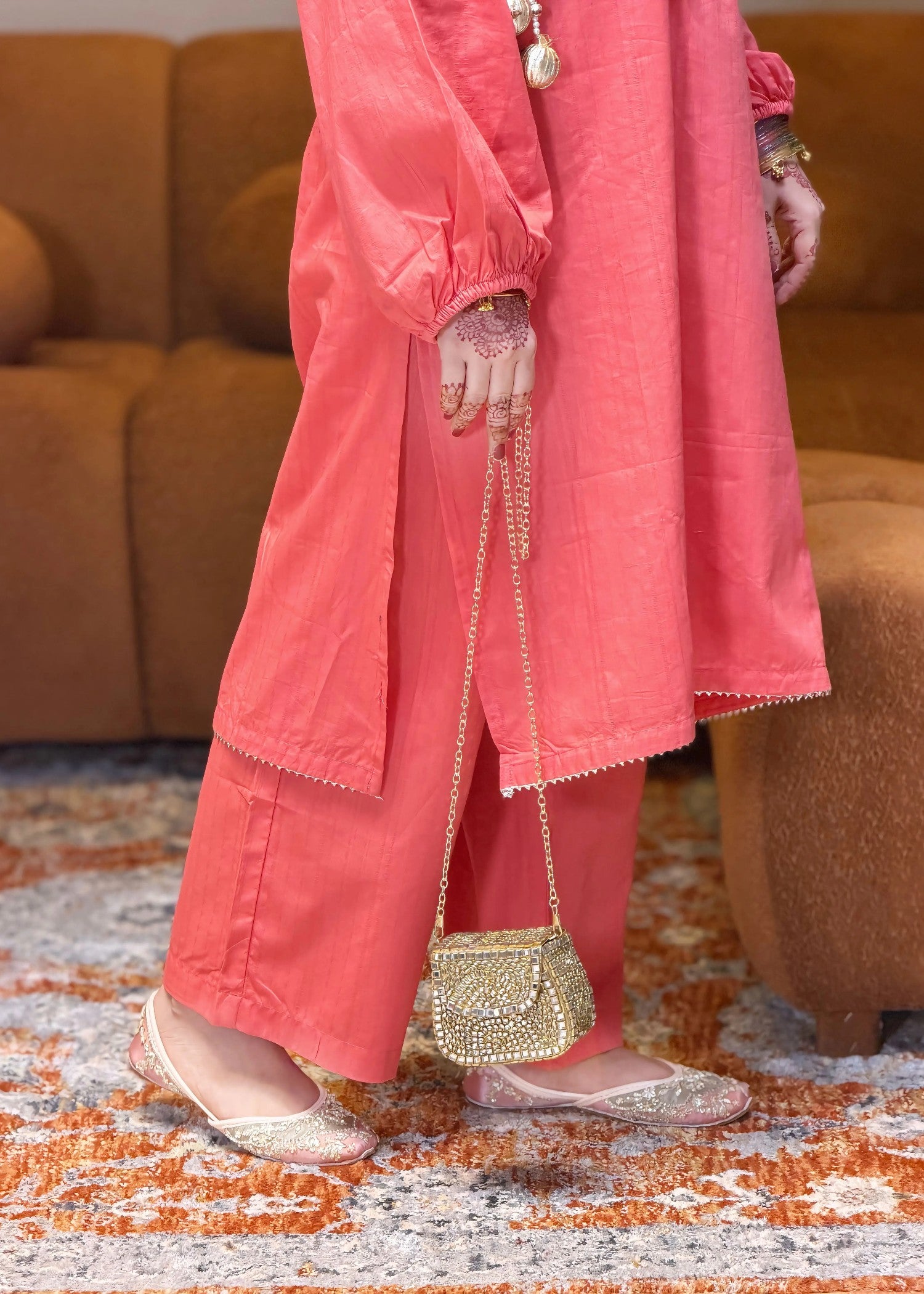 yarn dyed jacquard Kurta Set in Coral orange