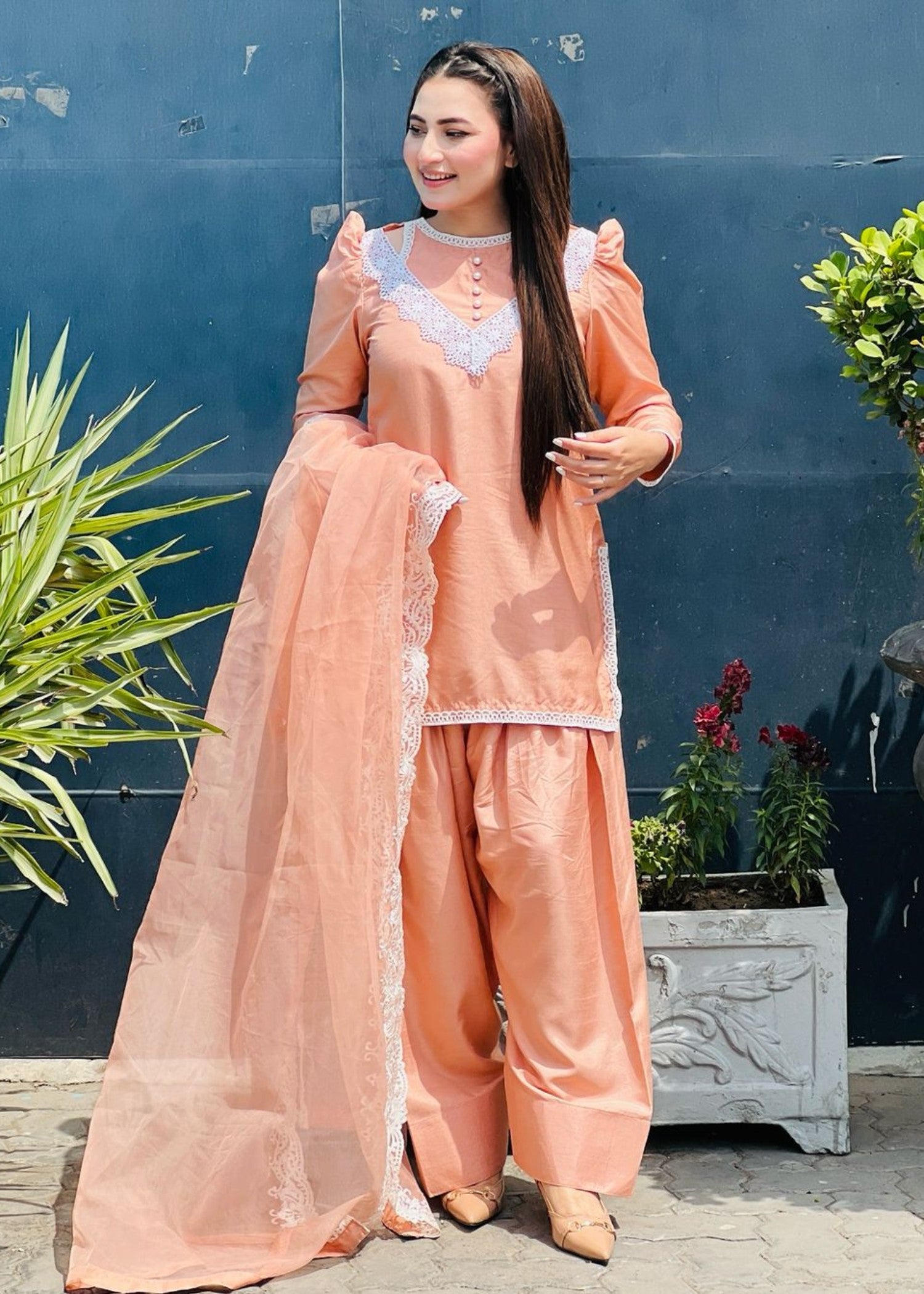cotton silk Kurta Set in Peach orange