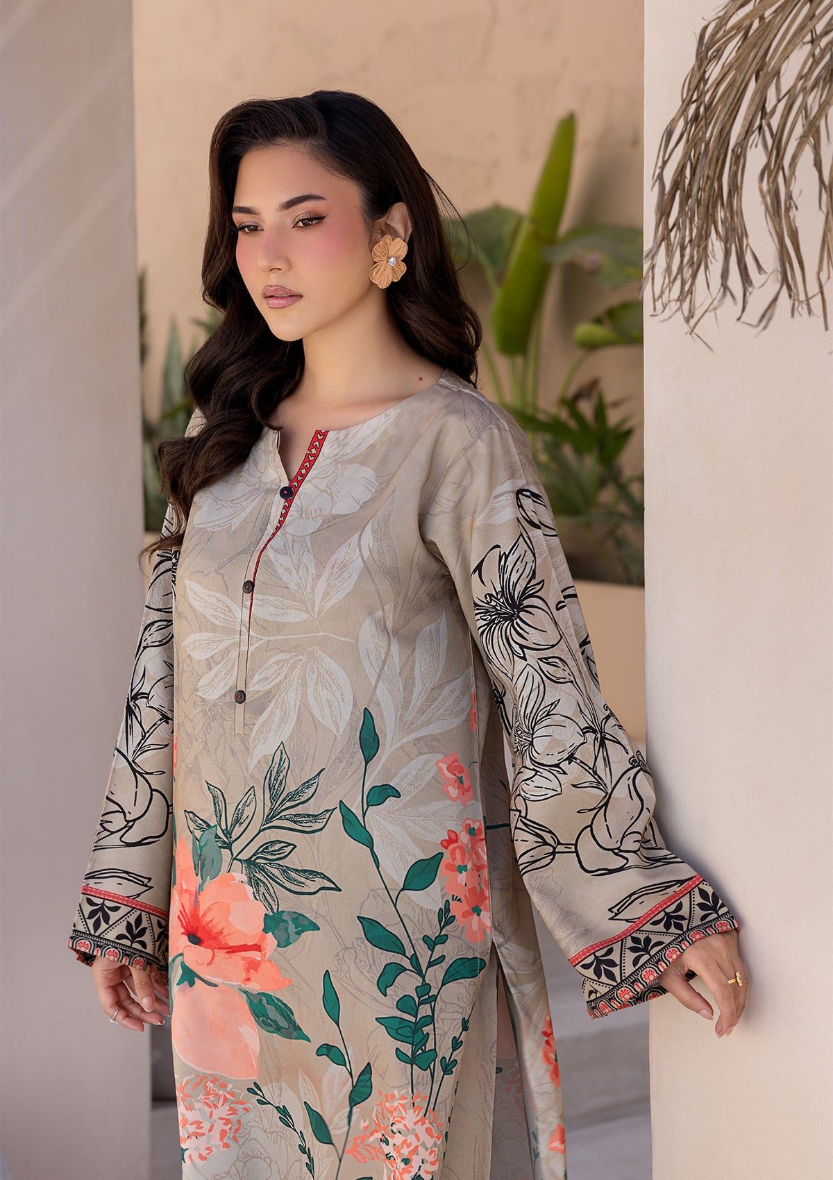 lawn Kurta Set in Tan brown