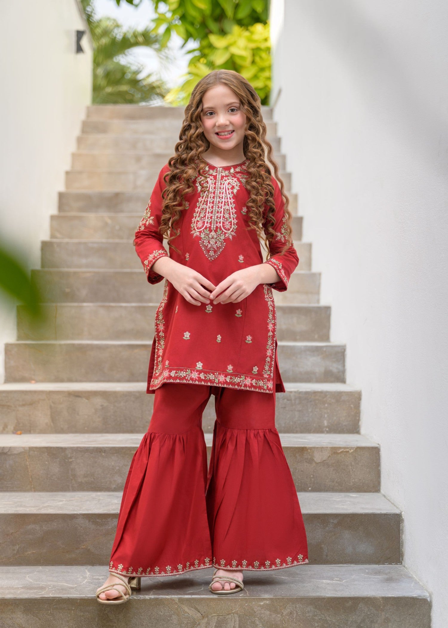 lawn Gharara in Red